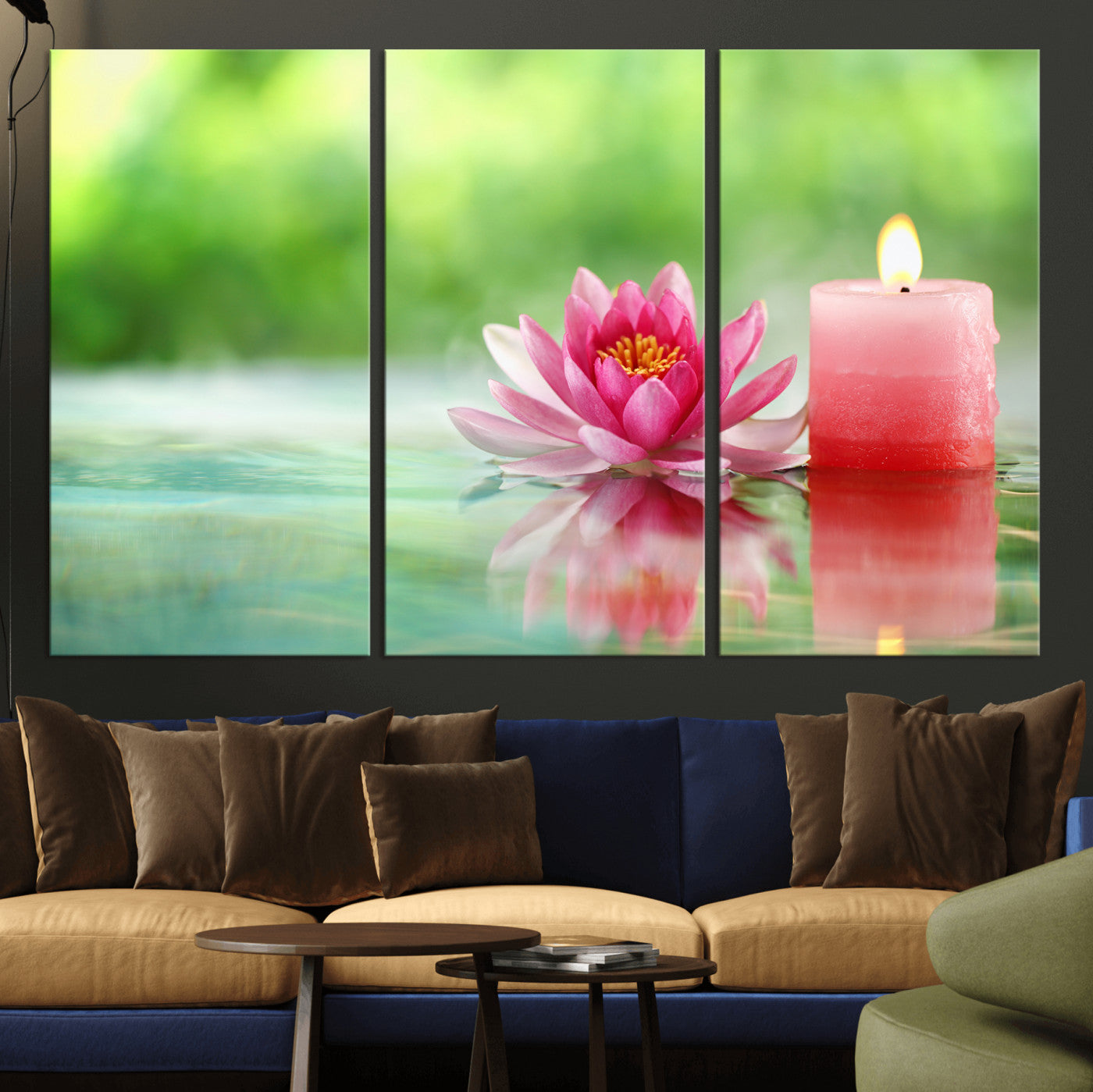 17661715-MGV-CV-36X24 - Zen Lotus Candle Canvas Wall Art Pink Spa Meditation Relaxation Green Bokeh Framed Large for Bathroom Bedroom Living Room Office Decor