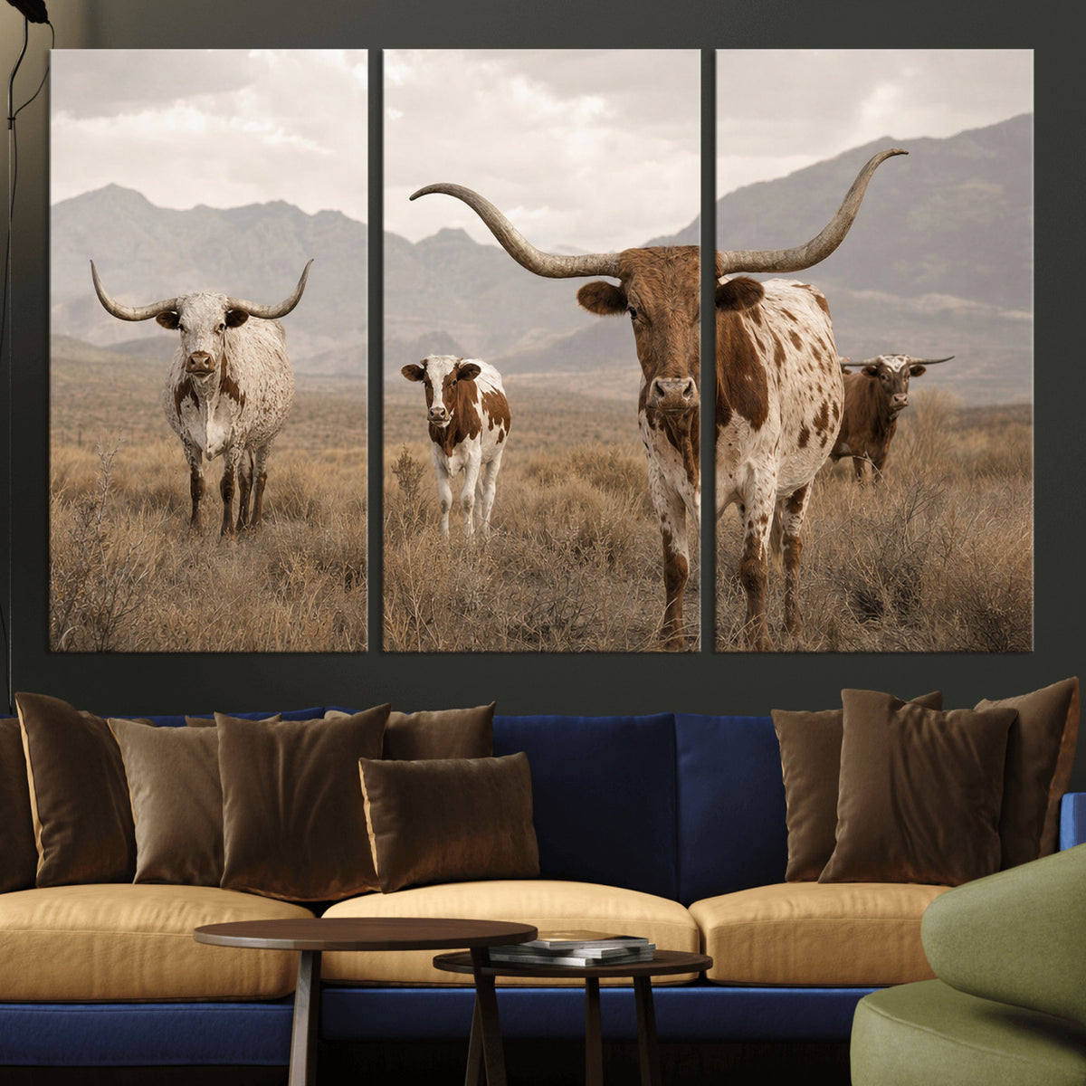 62336425AD-MGV-CV-36X24 - Rustic Texas Longhorn Cow Canvas Wall Art Print, Rustic Farm Animal Photography Print, Farmhouse Country Decor, Western Ranch Art