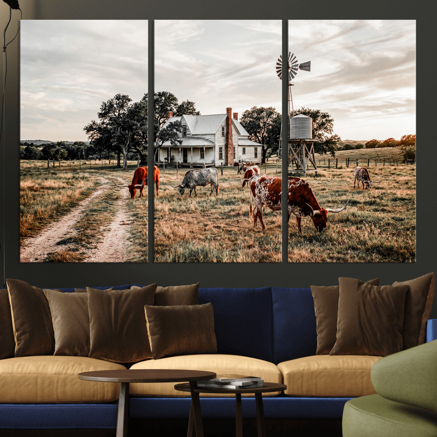 92429425-MGV-CV-36X24 - Texas Longhorn Ranch Wall Art Canvas Print, Rustic Western Farmhouse Decor, Country Landscape Canvas Wall Art, Vintage Cowboy Ranch Picture