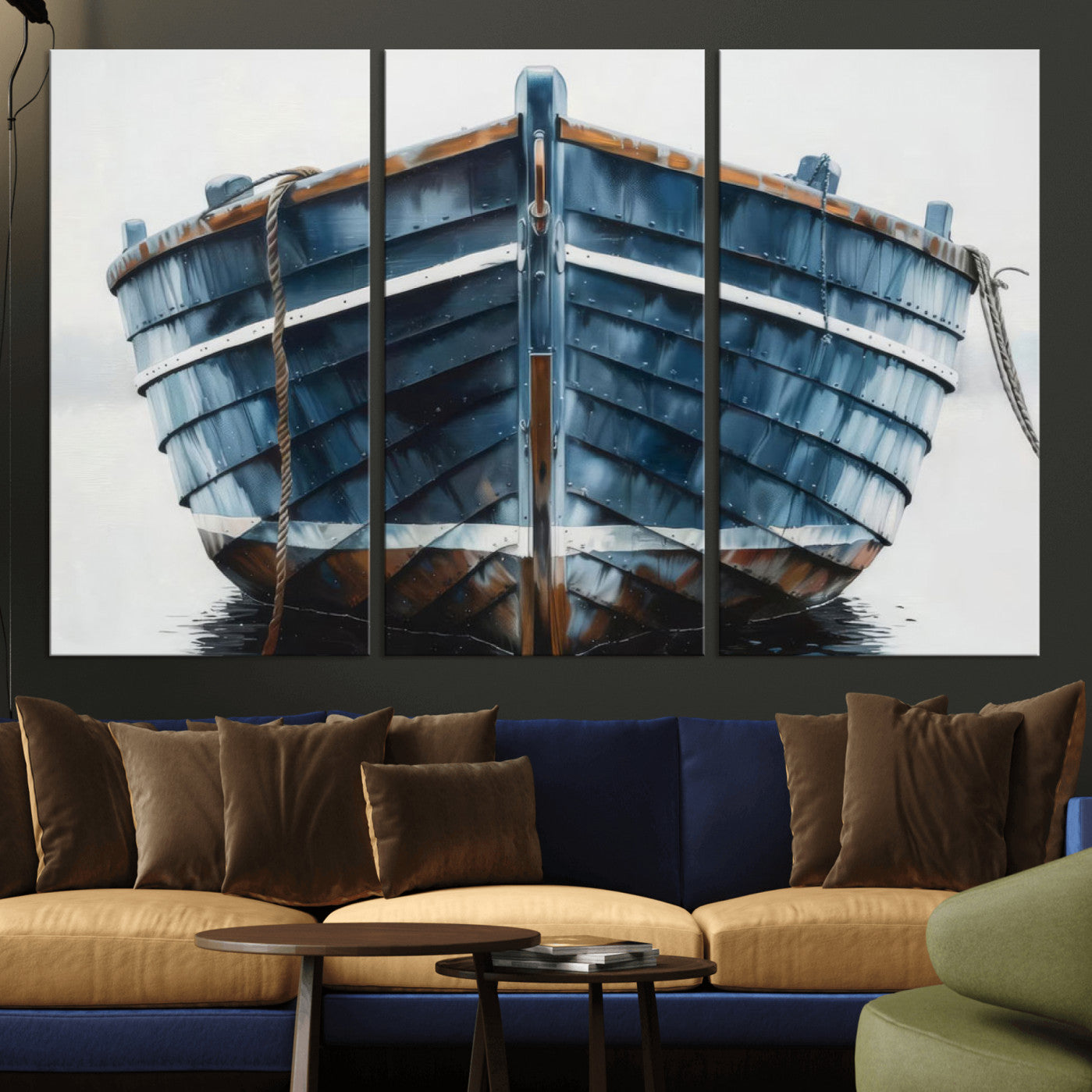 21601740-MGV-CV-36X24 - Blue Wooden Rowboat Canvas Wall Art, Coastal Nautical Boat Painting Print for Lake Beach House Decor, Minimalist Maritime Decor Artwork