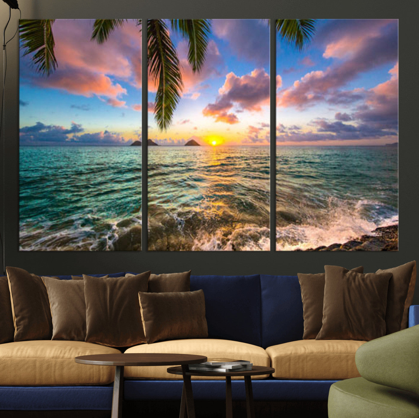 13207742-MGV-CV-36X24 - Hawaii Beach Sunset Canvas Wall Art Print, Tropical Ocean Landscape Artwork, Palm Tree Coastal Decor for Living Room Bedroom