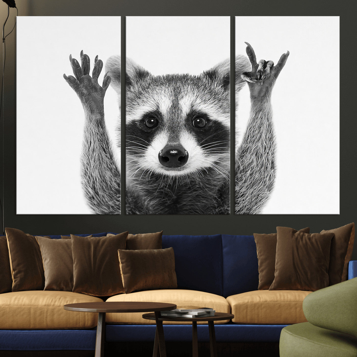 82392228-MGV-CV-36X24 - Funny Raccoon Canvas Wall Art, Black White Hands Up Animal Photo Print, Humorous Wildlife Decor, Kids Room Nursery Art, Quirky Animal Gift