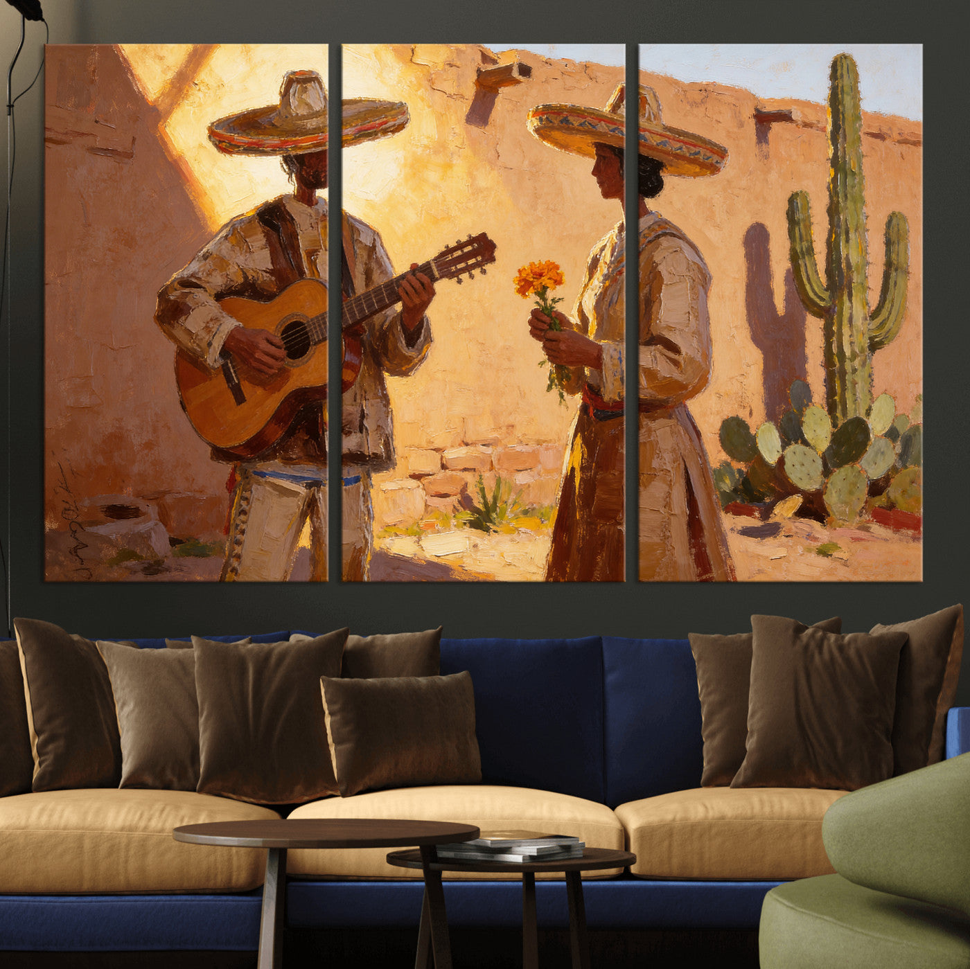 41849005-MGV-CV-36X24 - Mexican Couple Canvas Wall Art, Romantic Serenade Guitar Painting Print, Southwestern Desert Adobe Decor, Warm Golden Folk Art, Living Room Art