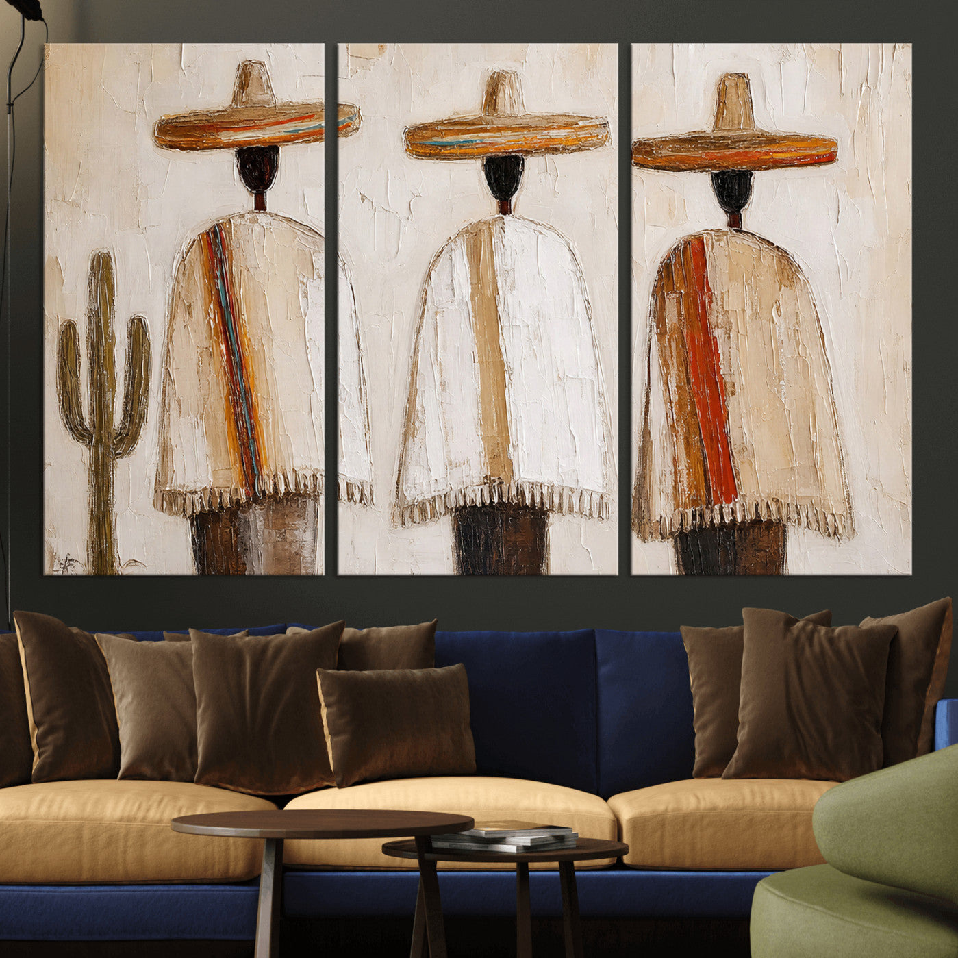 72884785-MGV-CV-36X24 - Mexican Folk Art Canvas Wall Art, Southwestern Sombrero Poncho Painting, Neutral Earthy Boho Decor, Fiesta Living Room Art, Impasto Style Print