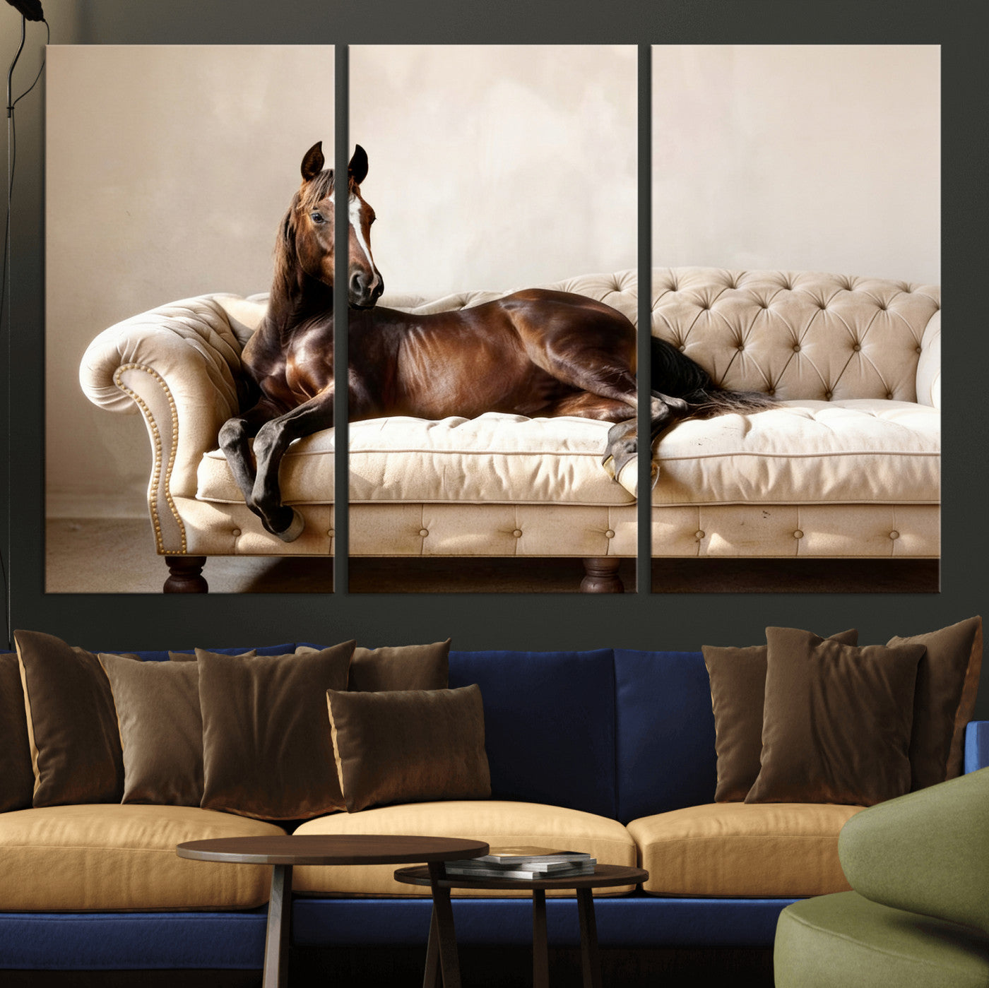 17716841-MGV-CV-36X24 - Funny Horse on Sofa Canvas Wall Art, Quirky Horse Lounging Photo Print, Whimsical Animal Decor, Living Room Conversation Art, Horse Lover Gift