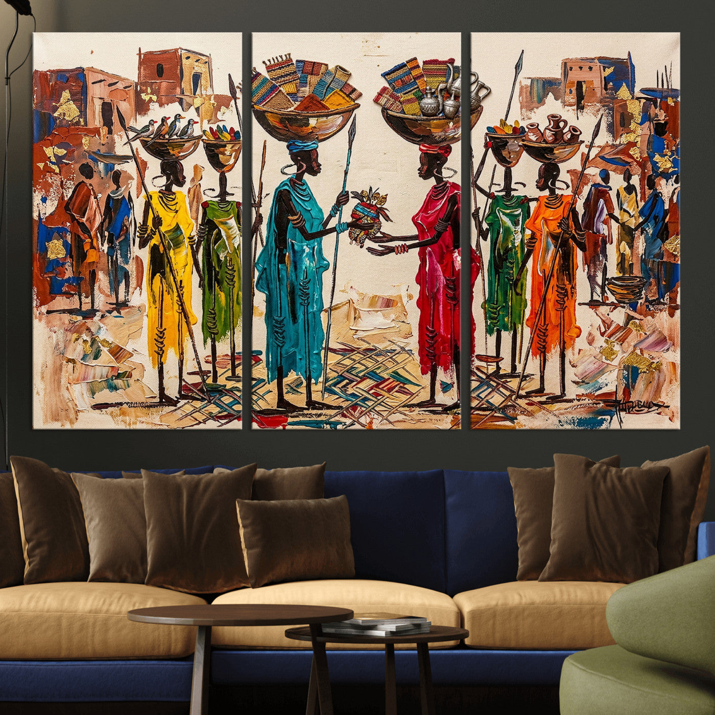 54818657-MGV-CV-36X24 - African Folk Art Canvas Wall Art, Colorful African Women Village Painting Print, Tribal Ethnic Home Decor, Vibrant African Art, Living Room