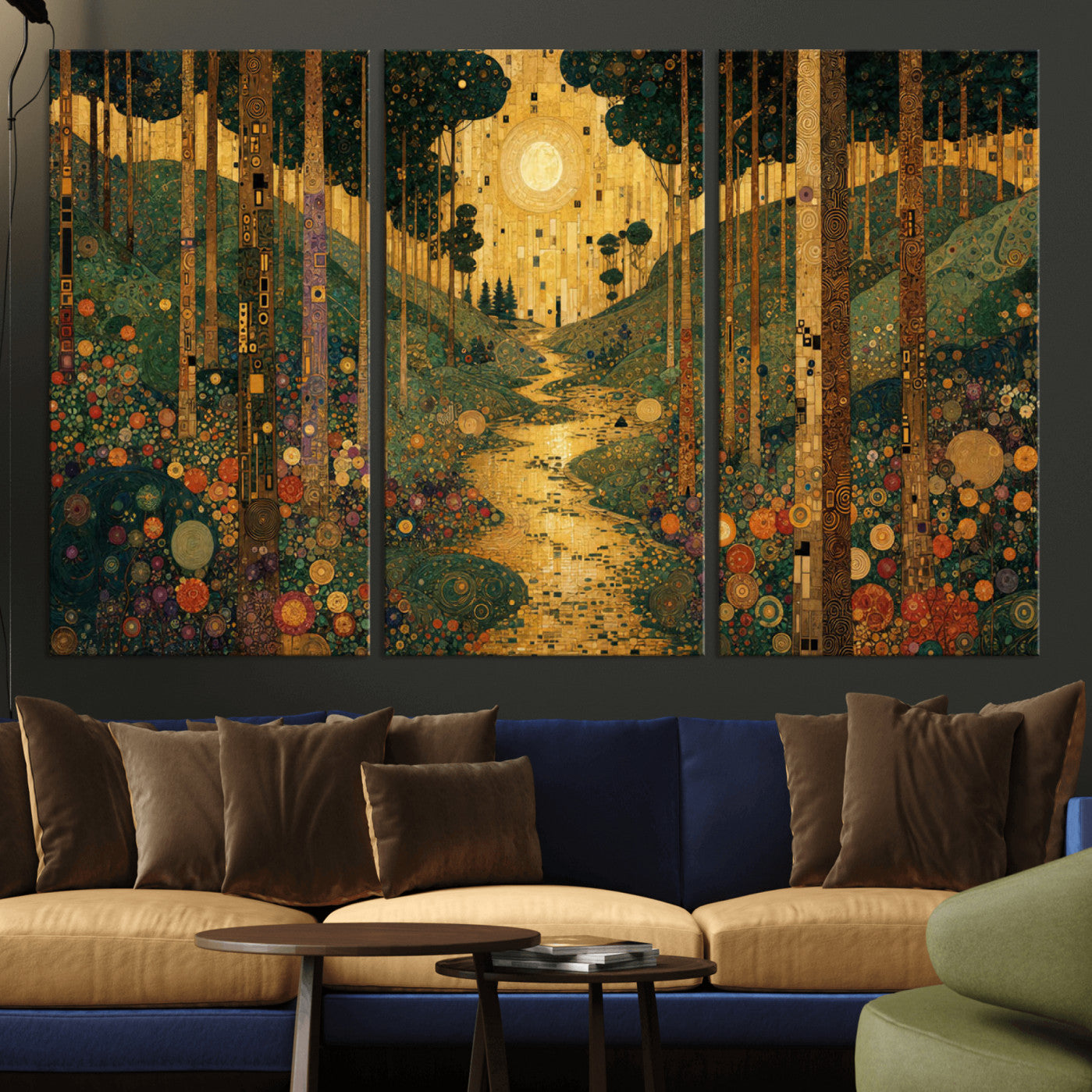 79483321GS-MGV-CV-48X32-3P - Gustav Klimt Style Forest Canvas Wall Art, Golden Forest Path Floral Art Nouveau Print, Enchanted Woodland Decor