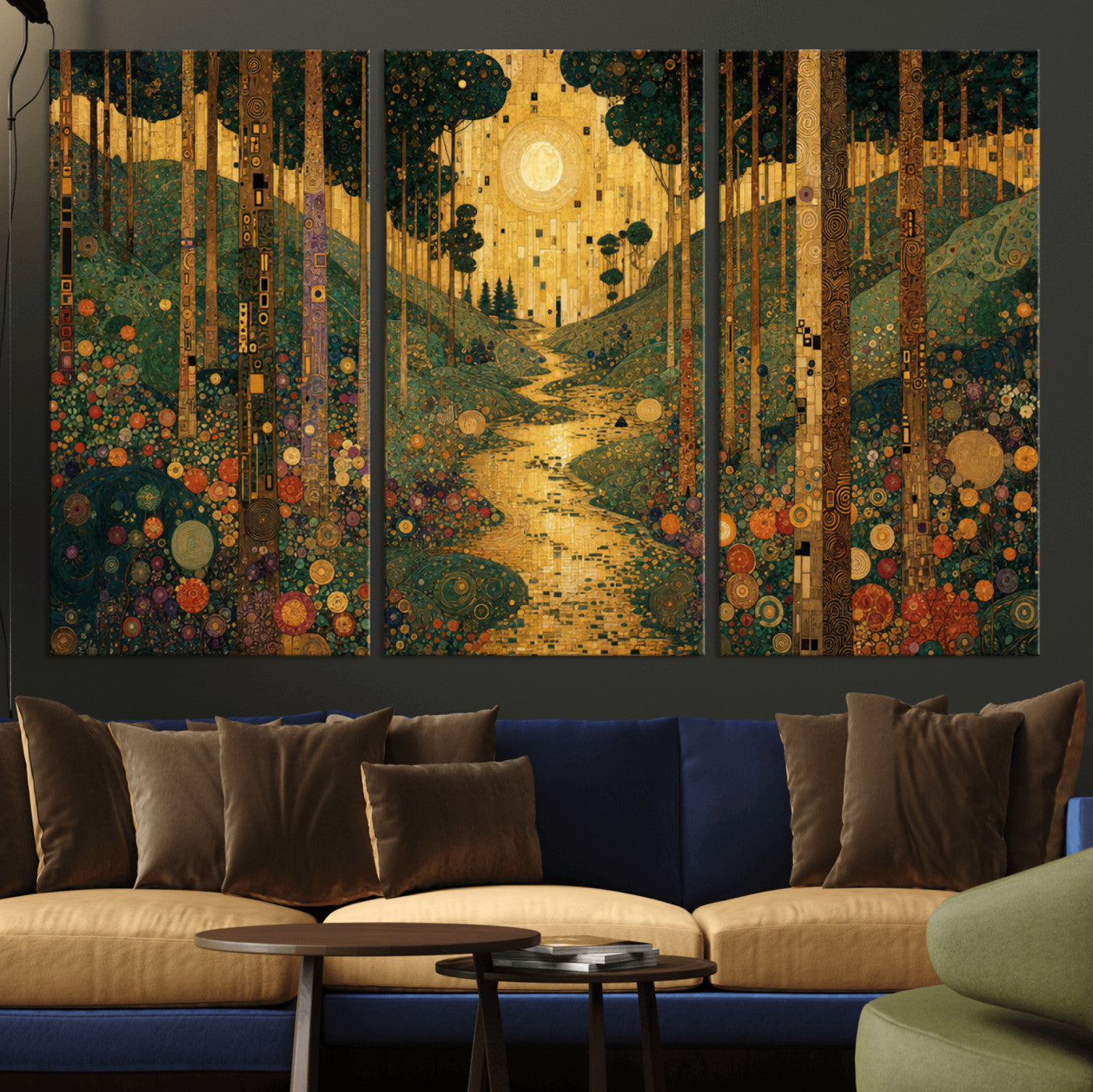 79483321GS-MGV-CV-48X32-3P - Gustav Klimt Style Forest Canvas Wall Art, Golden Forest Path Floral Art Nouveau Print, Enchanted Woodland Decor