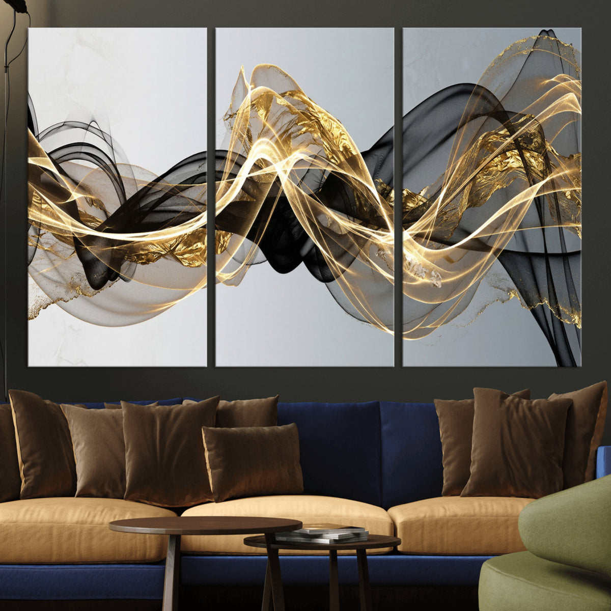 79483321DL-MGV-CV-36X24 - Black and Gold Abstract Wall Art, Modern Wave Canvas Print, Elegant Flowing Smoke Art, Luxury Living Room Decor