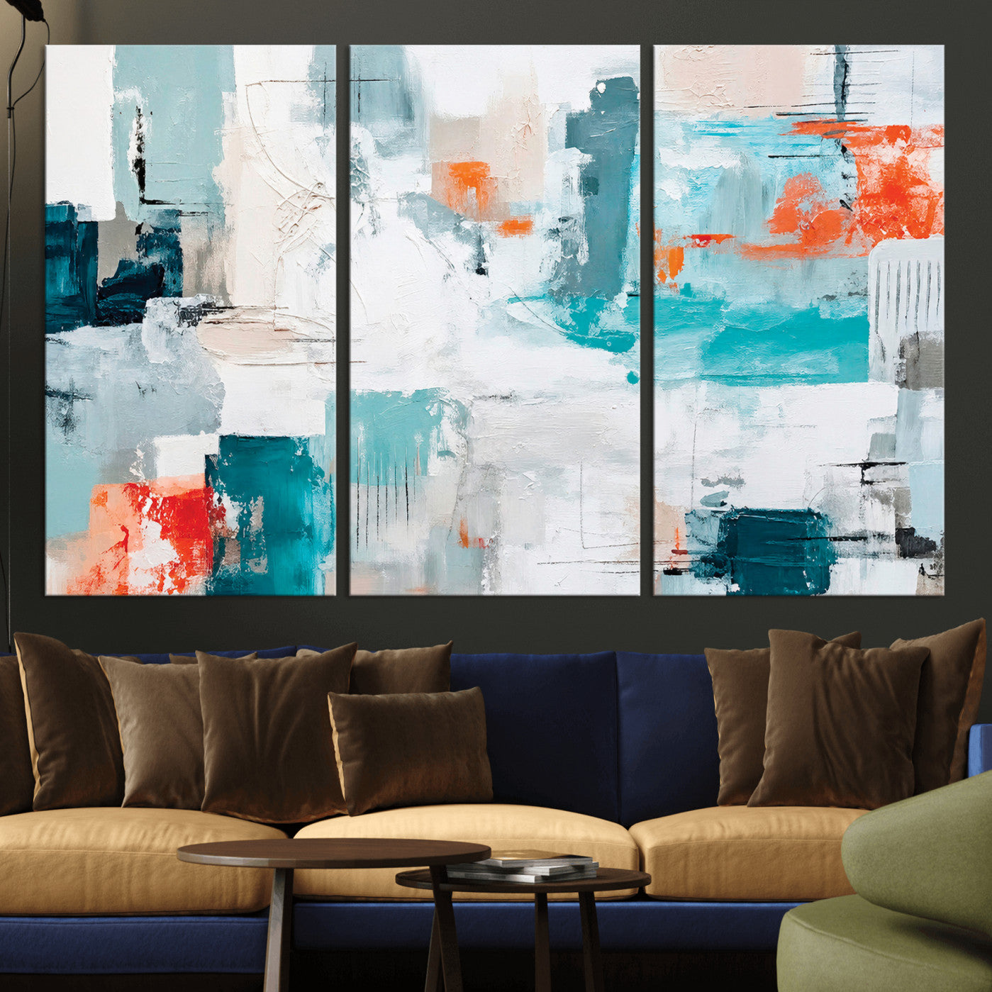 98638479-MGV-CV-36X24 - Blue Teal Abstract Canvas Wall Art | Modern Textured Painting Print, Navy Orange White Contemporary Art, Neutral Living Room Decor, Office Art