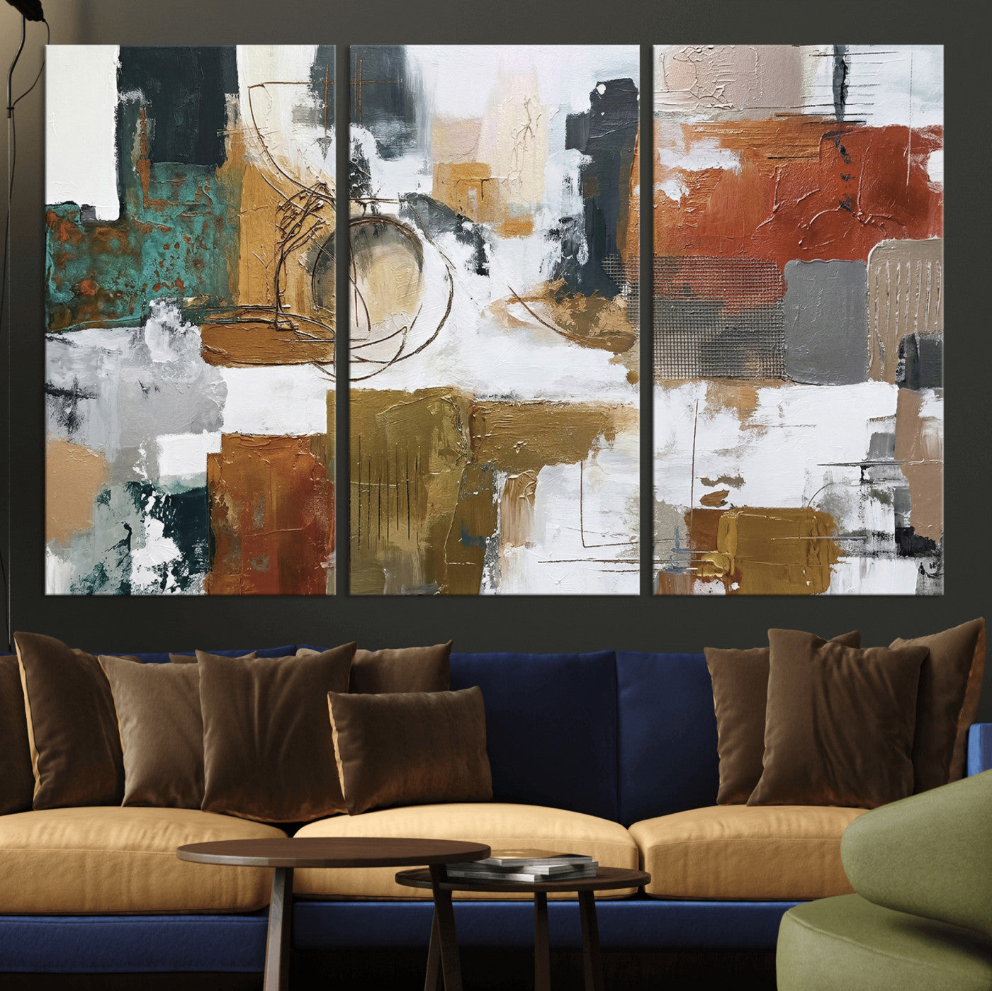50720312-MGV-CV-36X24 - Blue Teal Abstract Canvas Wall Art, Modern Textured Painting Print, Navy Orange White Contemporary Art, Neutral Living Room Decor, Office Art