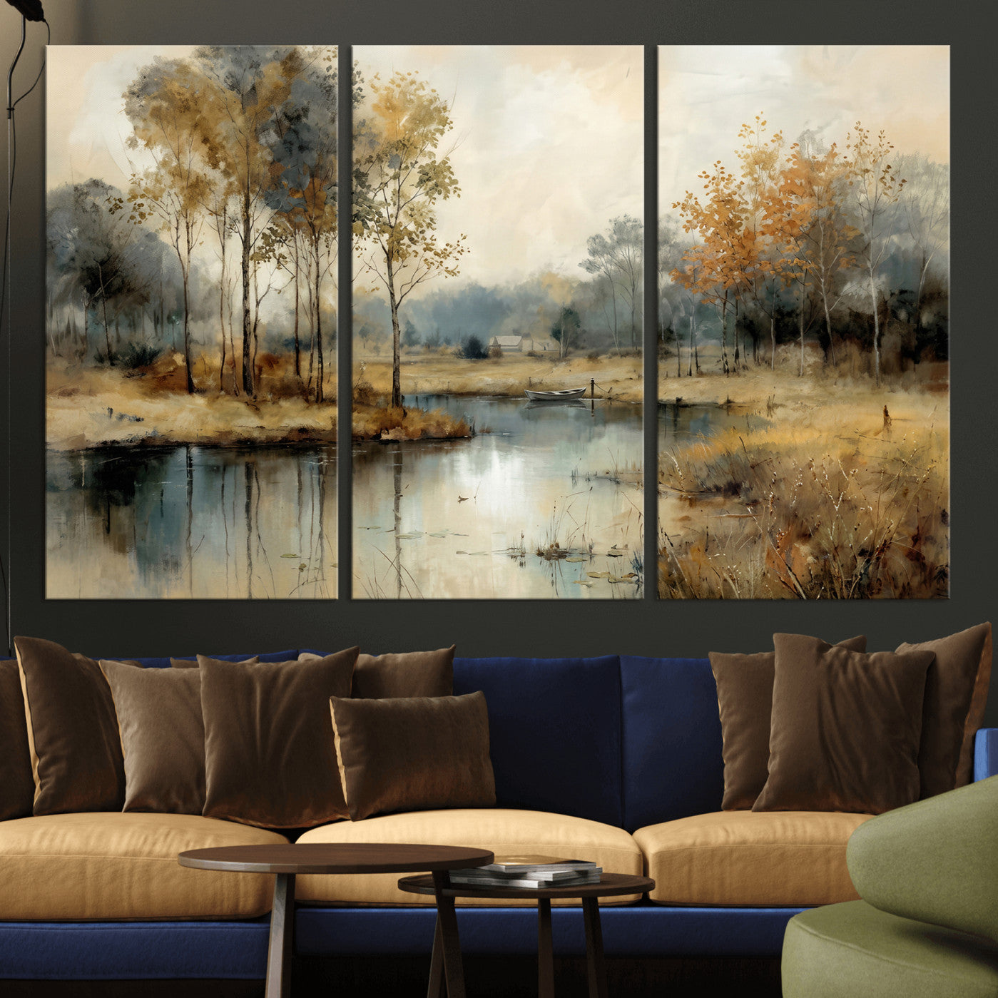 74391095-MGV-CV-36X24 - Abstract WatercolorAutumn Lake Canvas Wall Art Print, Misty Forest Landscape, Rustic Nature Painting, Cabin Wall Decor, Ready to Hang