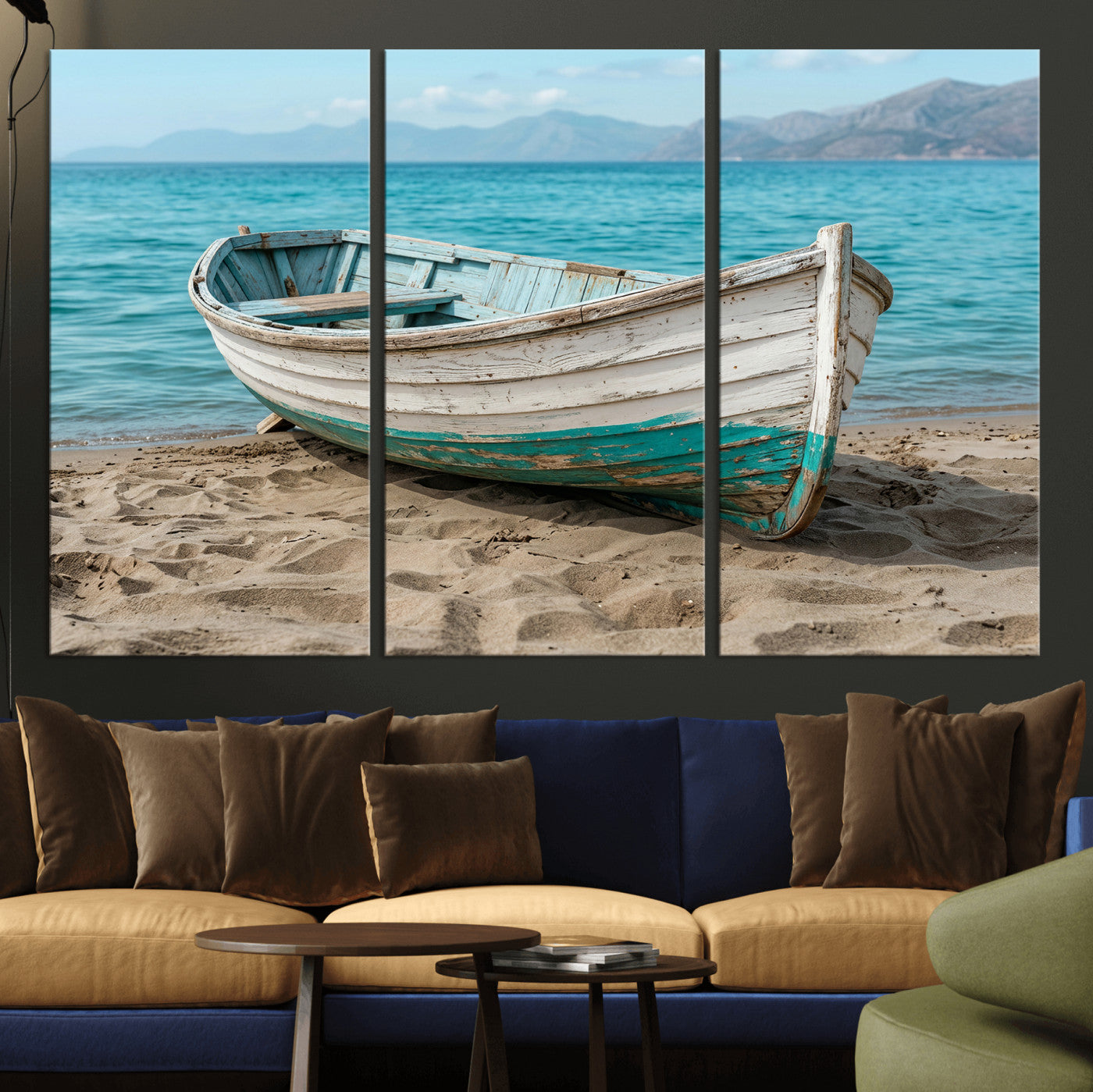 49963709-MGV-CV-36X24 - Coastal Boat Canvas Wall Art Print, Beach Boat Painting, Nautical Ocean Decor, Seascape Wall Art - Ready to Hang