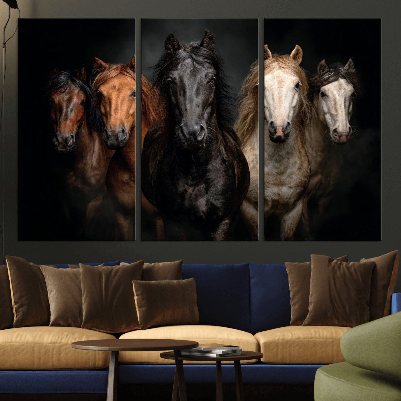 77696206-MGV-CV-36X24 - Horse Wall Art Canvas Print, Wild Horses Portrait Photography, Animal Horse Decor, Black Brown White Horse Herd, Rustic Ranch Art