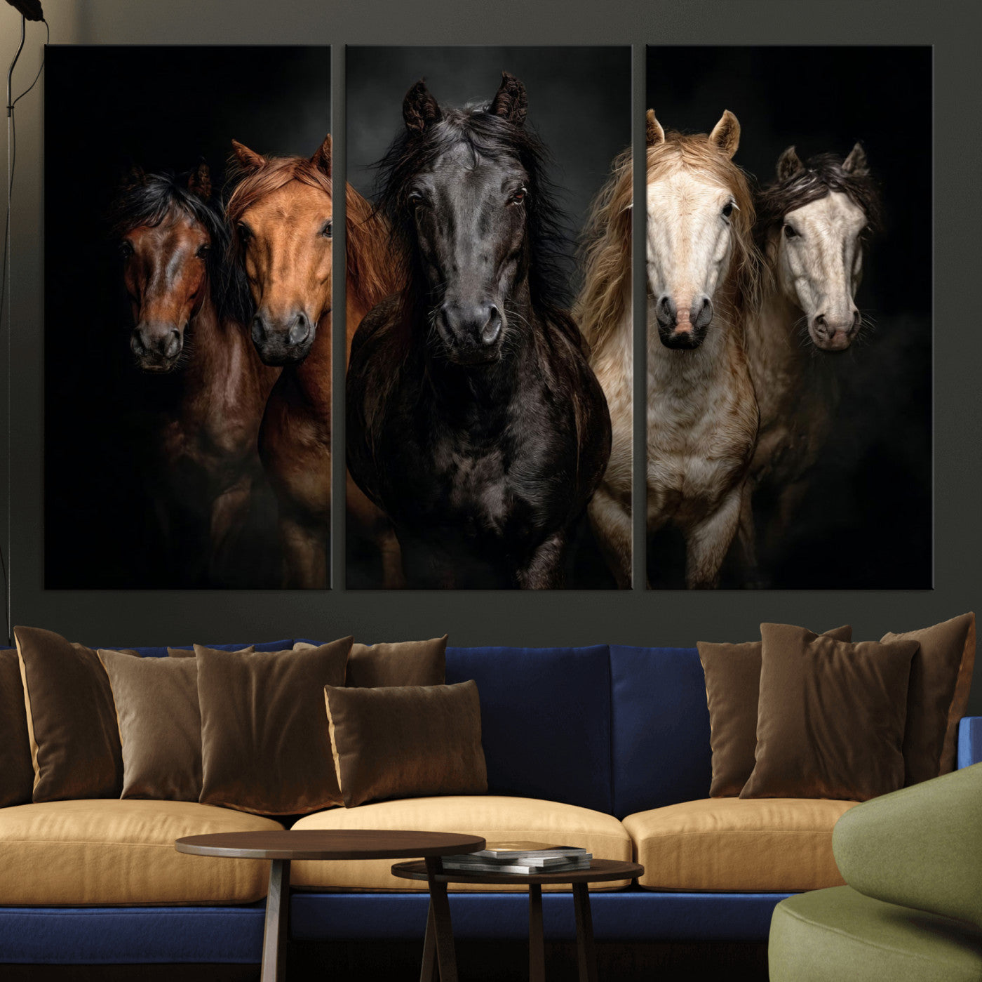 77696206-MGV-CV-36X24 - Horse Wall Art Canvas Print | Wild Horses Portrait Photography, Animal Horse Decor, Black Brown White Horse Herd
