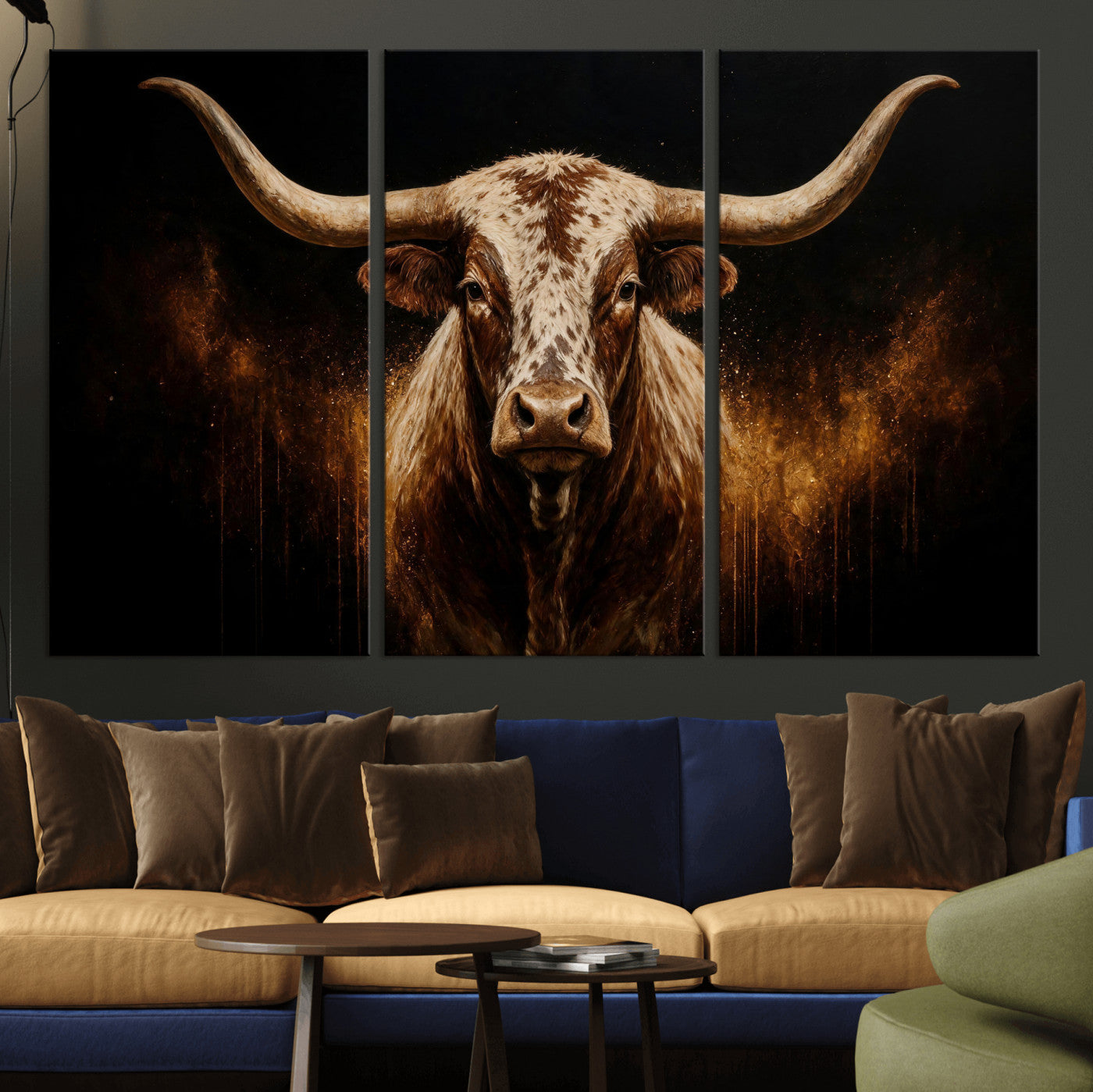 62076449-MGV-CV-48X32-3P - Texas Bull Cow Longhorn Canvas Wall Art Moody Western Bull Oil Painting Print
