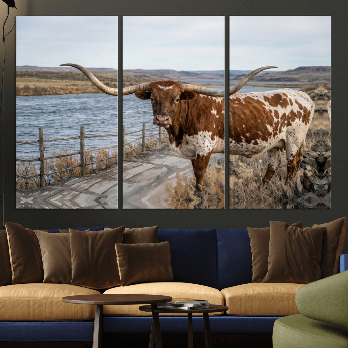 91575949-MGV-CV-36X24 - Texas Longhorn Cattle in Desert Pasture Wall Art Canvas Print - Rustic Western Decor