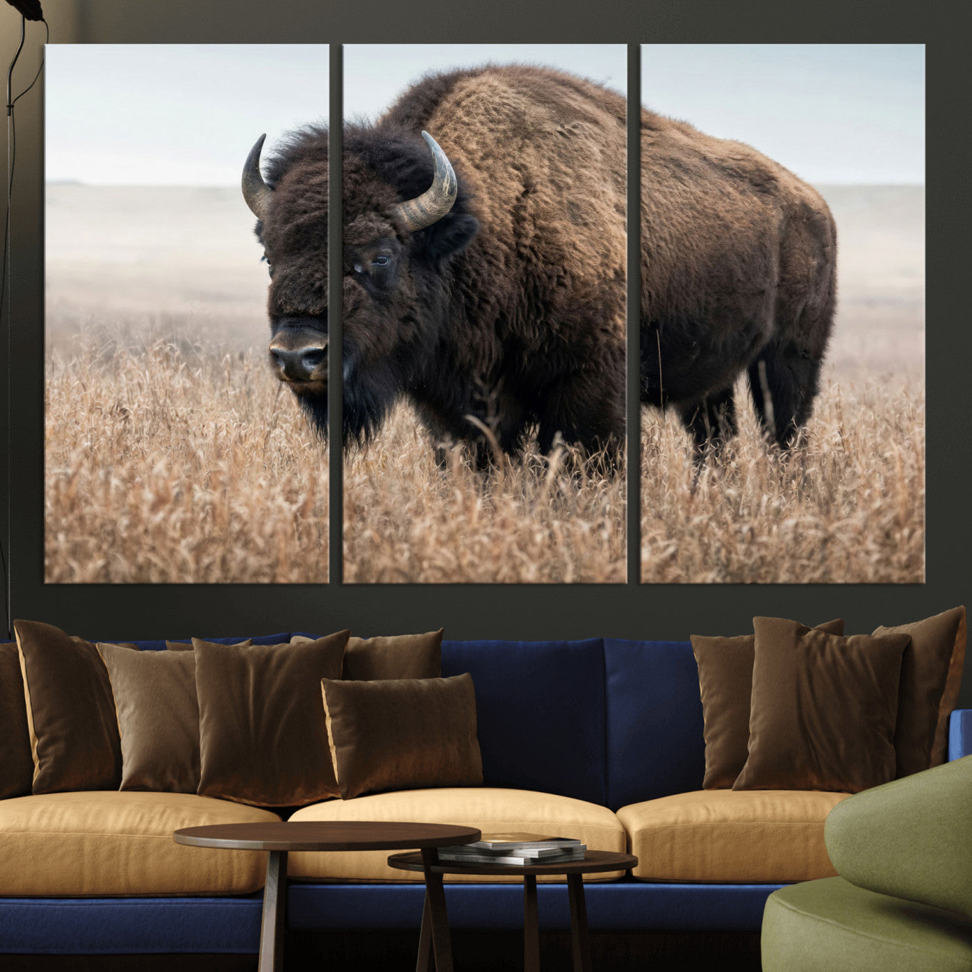 81029583-MGV-CV-36X24 - American Bison in Prairie Field Wall Art Canvas Print - Rustic Wildlife Photography