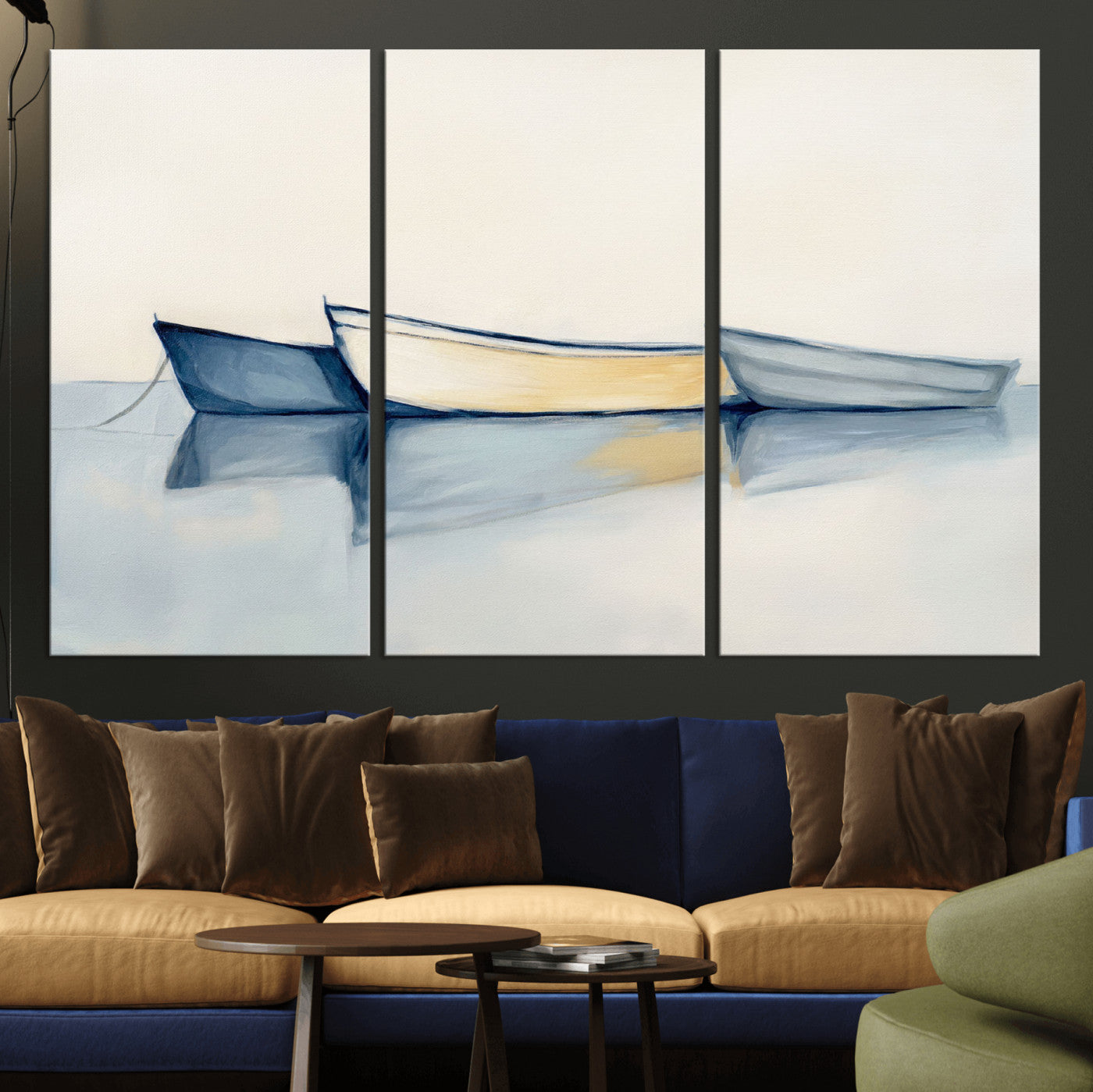 84017361-MGV-CV-36X24 - Abstract Three Boats Reflecting on Water Wall Art Canvas Print - Minimalist Coastal Seascape