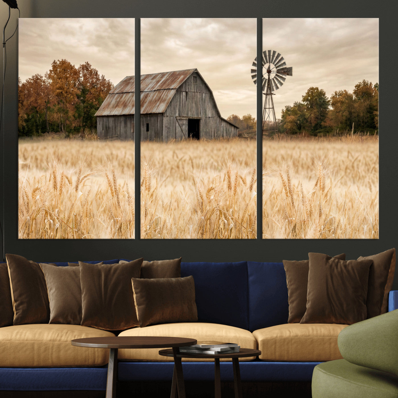 99640659-MGV-CV-36X24 - Rustic Farmhouse Barn and Windmill Wall Art Canvas Print, Country Landscape Photography Print