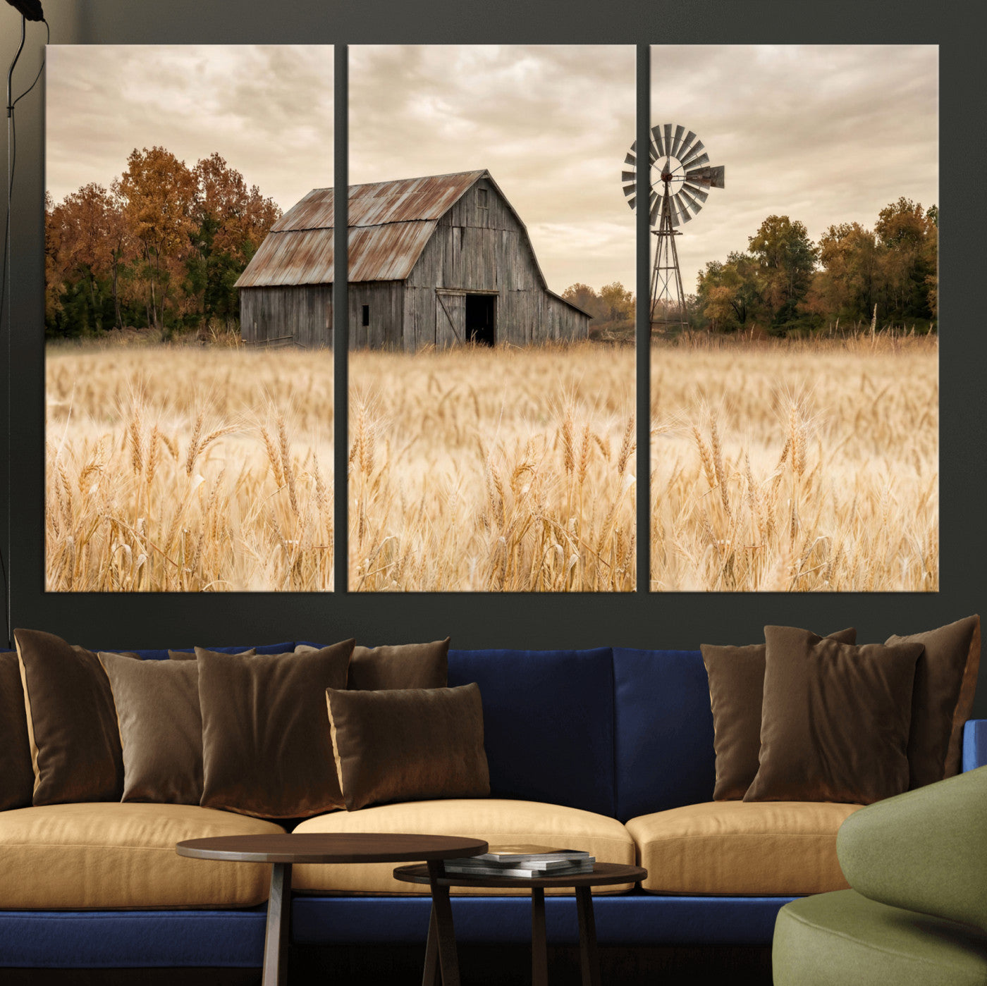 99640659-MGV-CV-36X24 - Rustic Farmhouse Barn and Windmill Wall Art Canvas Print, Country Landscape Photography Print