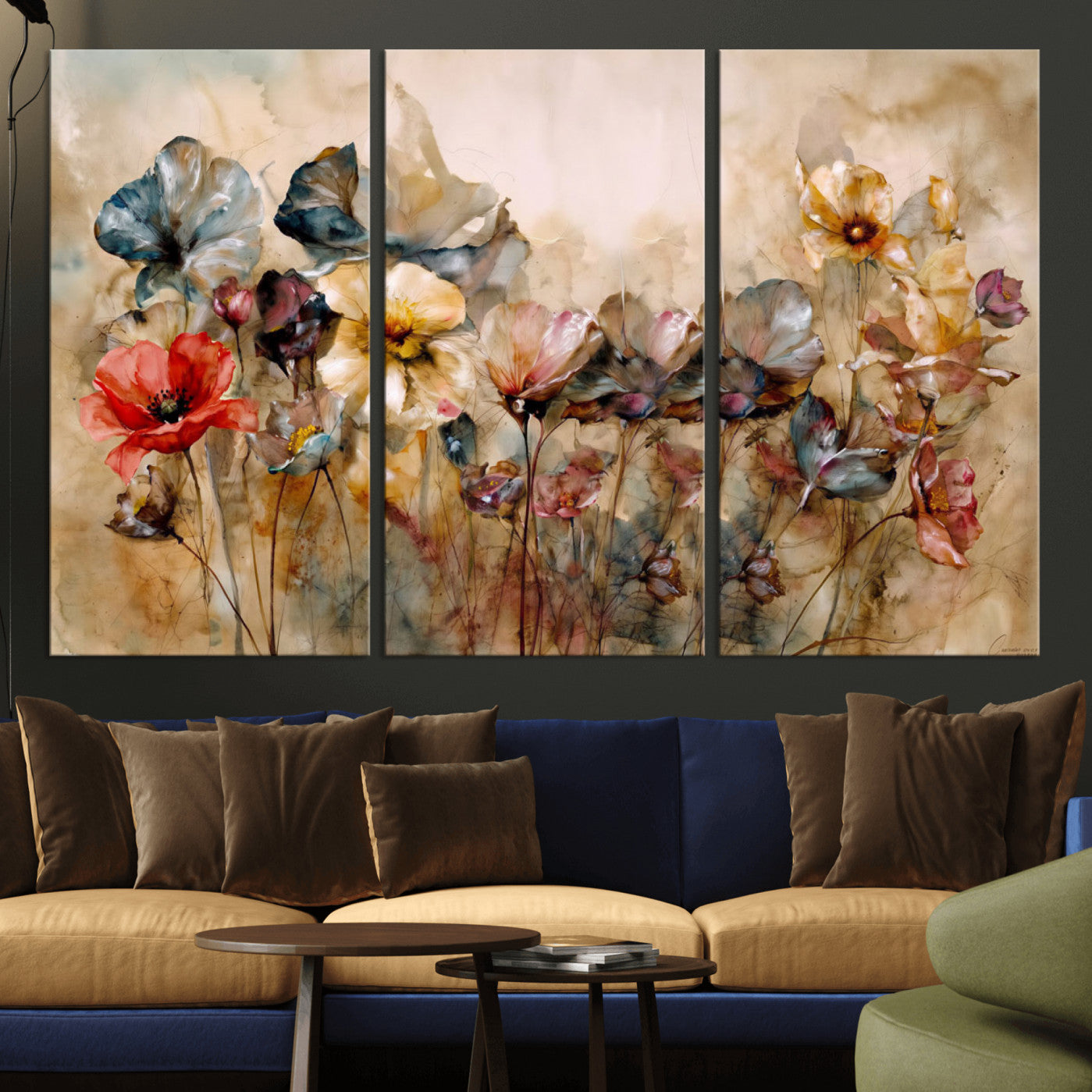 11407233-MGV-CV-36X24 - Vintage Dried Floral Meadow Wall Art Canvas Print, Translucent Watercolor Flowers Painting Print
