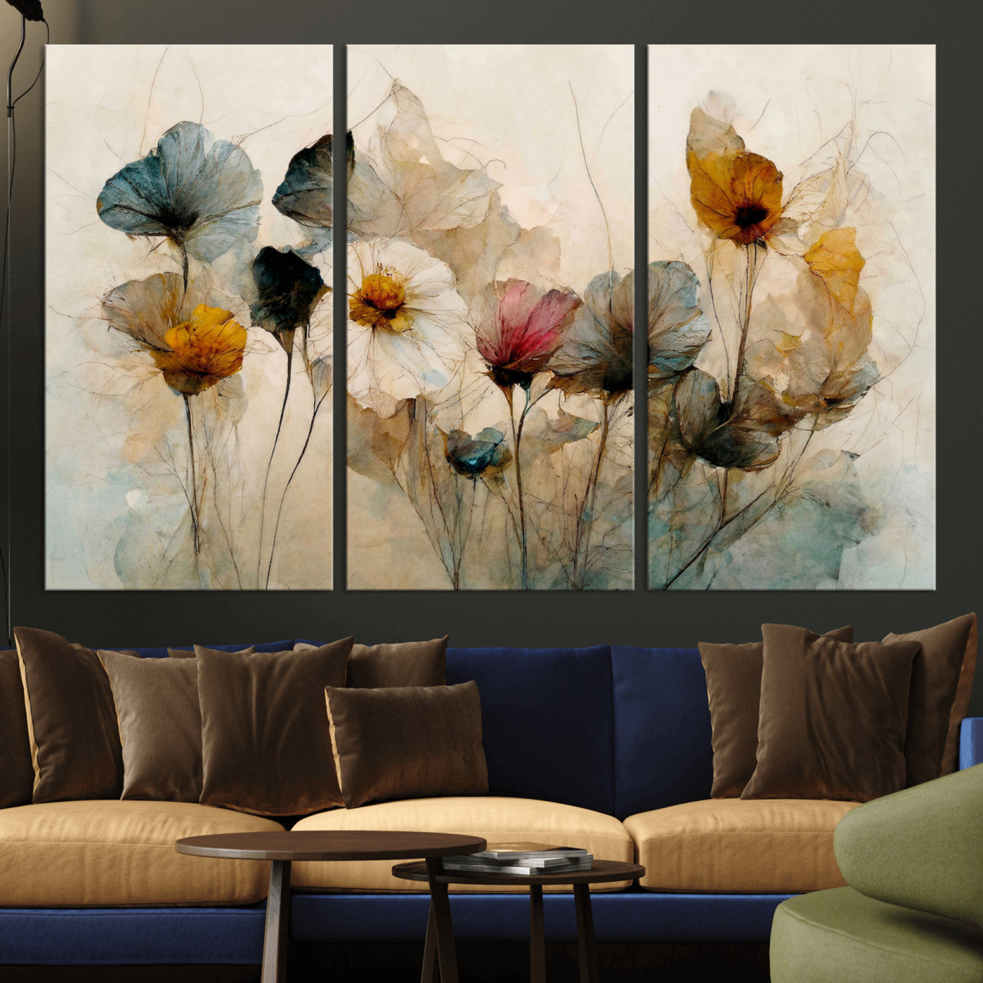 86802229-MGV-CV-36X24 - Vintage Dried Floral Meadow Wall Art Canvas Print, Translucent Watercolor Flowers Painting Print