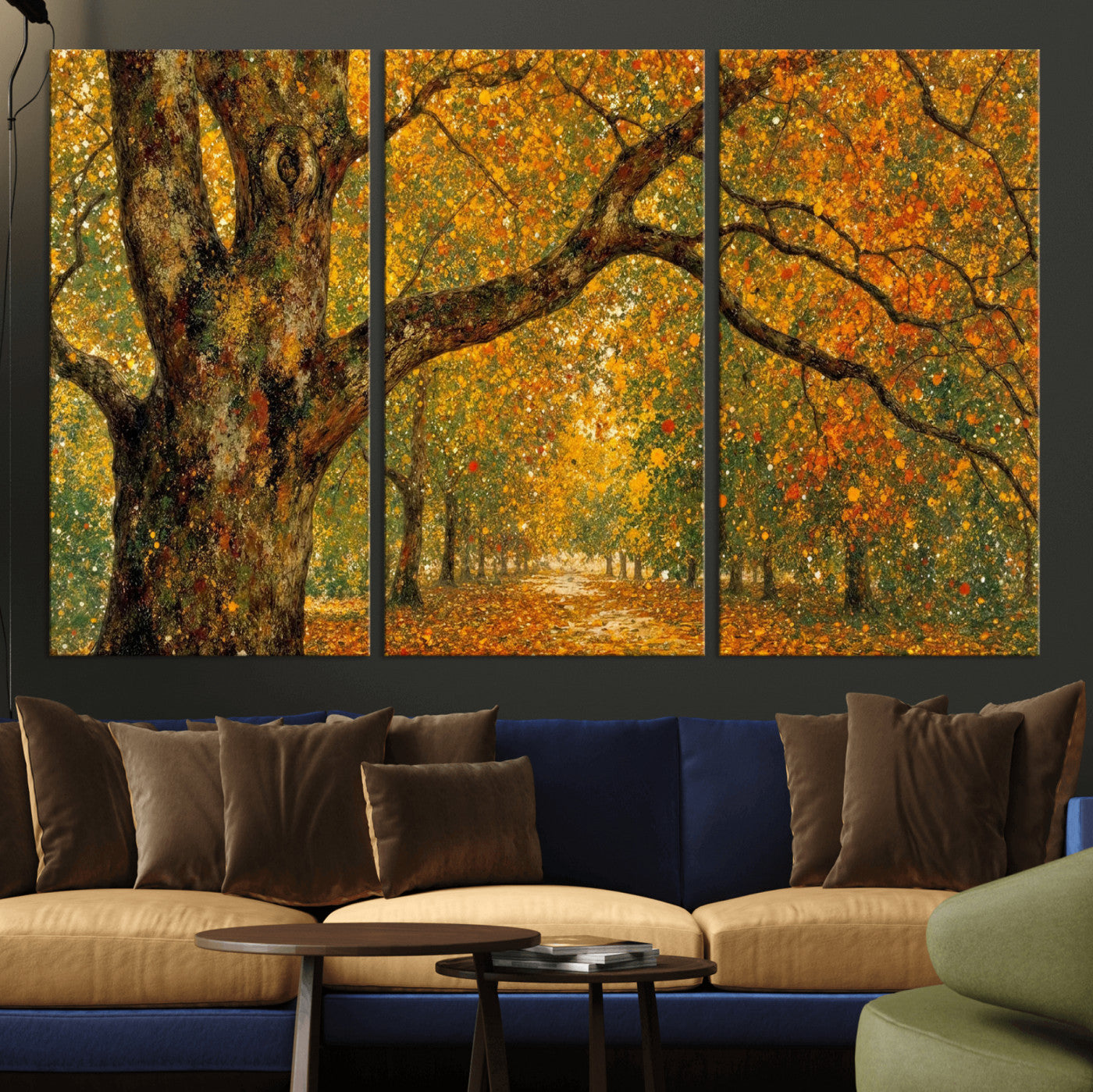 11536138-MGV-CV-36X24 - Vintage Autumn Forest Path Wall Art Canvas Print, Golden Leaves Impressionist Painting Print