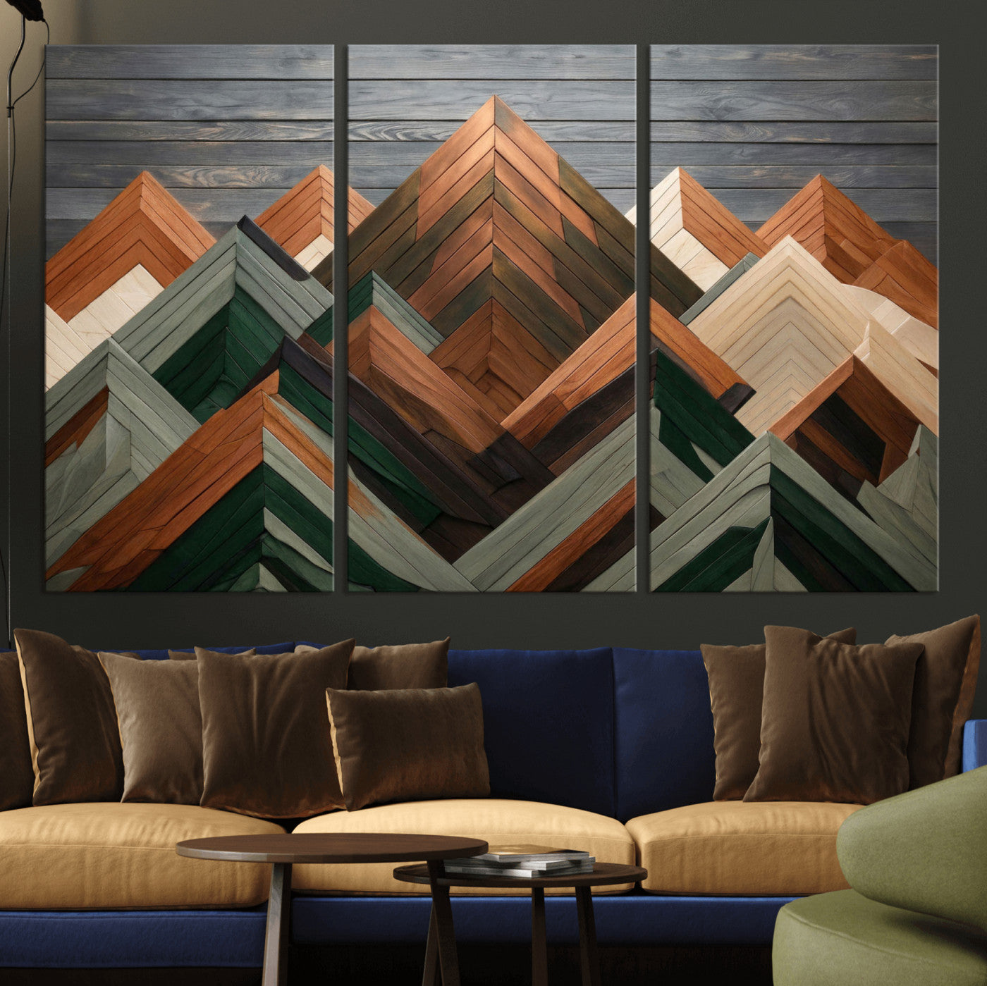 84617347-MGV-CV-36X24 - Geometric Wood Mountain Wall Art Canvas Print, 3D Look Rustic Mosaic Landscape Print