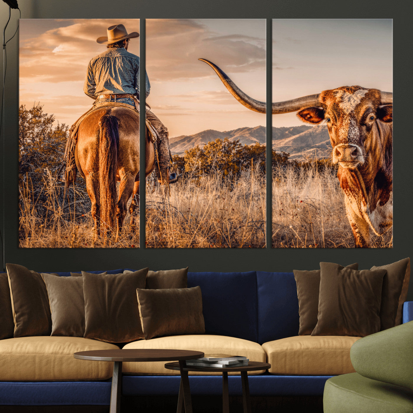 62076449C-MGV-CV-36X24 - Texas Cowboy and Longhorn Bull Print for Western Wall Art Decor for Farmhouse