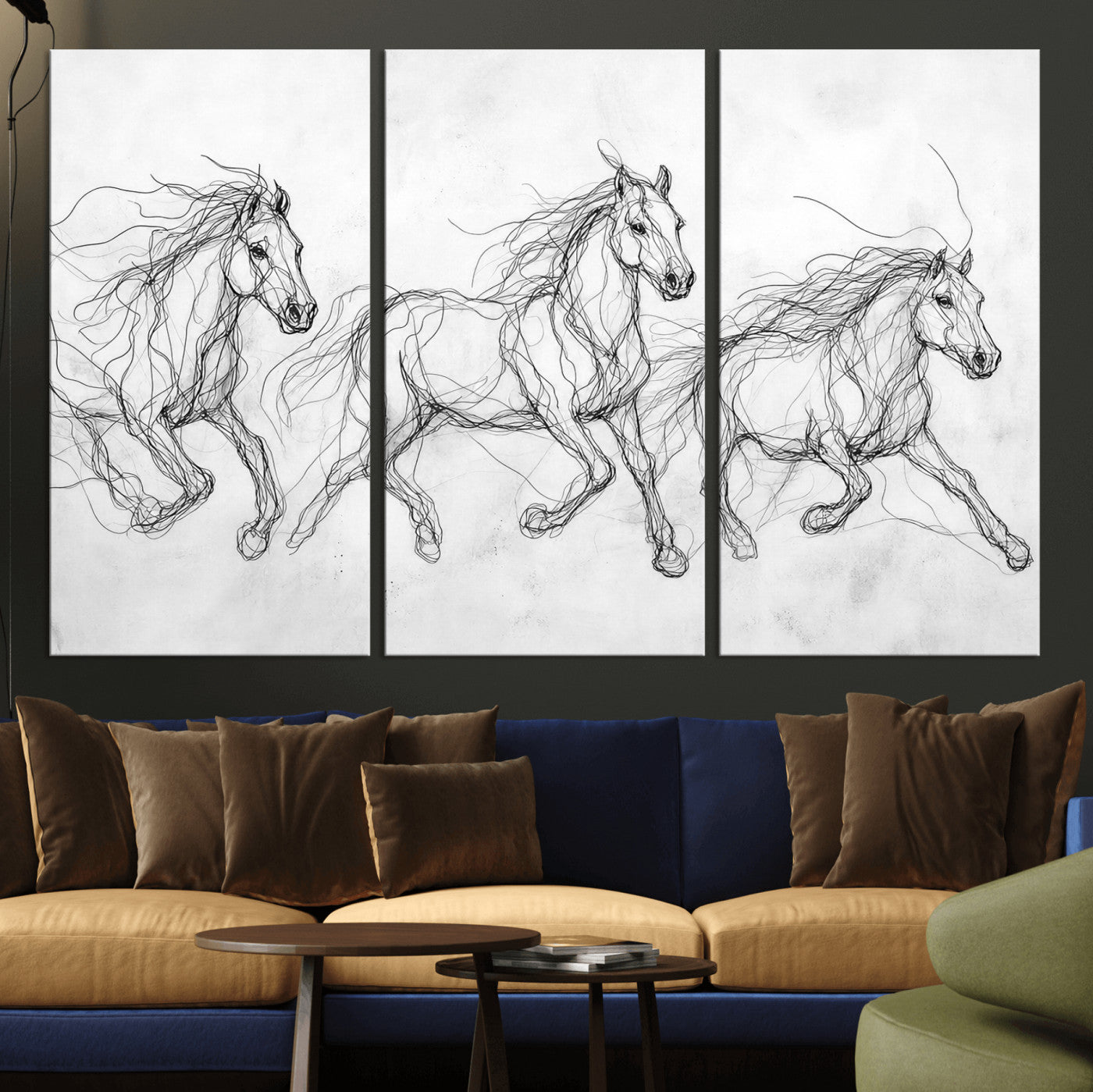 53600119-MGV-CV-36X24 - Monochrome Horse Canvas Wall Art, Black Ink Sketch Wild Horses Print, Minimalist Equestrian Artwork, Modern Abstract Line Decor, Urban Loft Gift