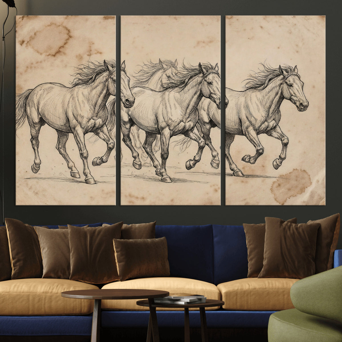 56046981-MGV-CV-36X24 - Sepia Wild Horses Canvas Art, Antique Pencil Drawing Print, Vintage Gallery Wall Decor, Rustic Equestrian Artwork, Traditional Den Gift
