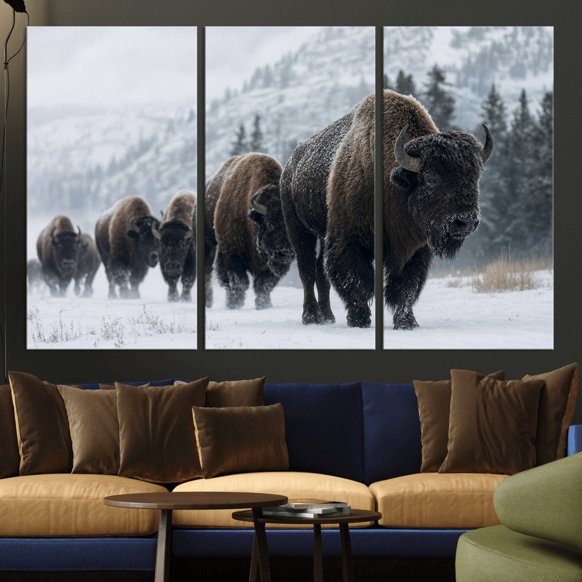 18343289-MGV-CV-36X24 - Rustic Bison Wall Art, American Buffalo Photo Print, Wildlife Canvas Artwork, Snowy Mountain Decor, Large Nature Poster, Cabin Gift Idea