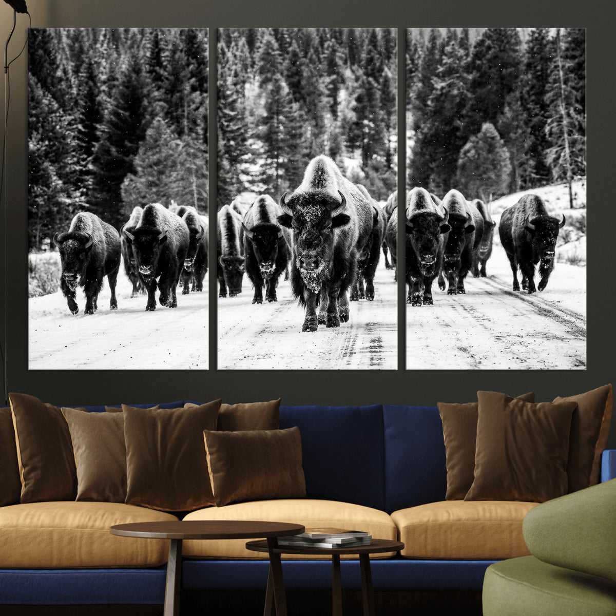 79337077-MGV-CV-36X24 - Black and White Bison Canvas Art, American Buffalo Print, Winter Wildlife Photography, Rustic Forest Wall Decor, Large Statement Nature Gift