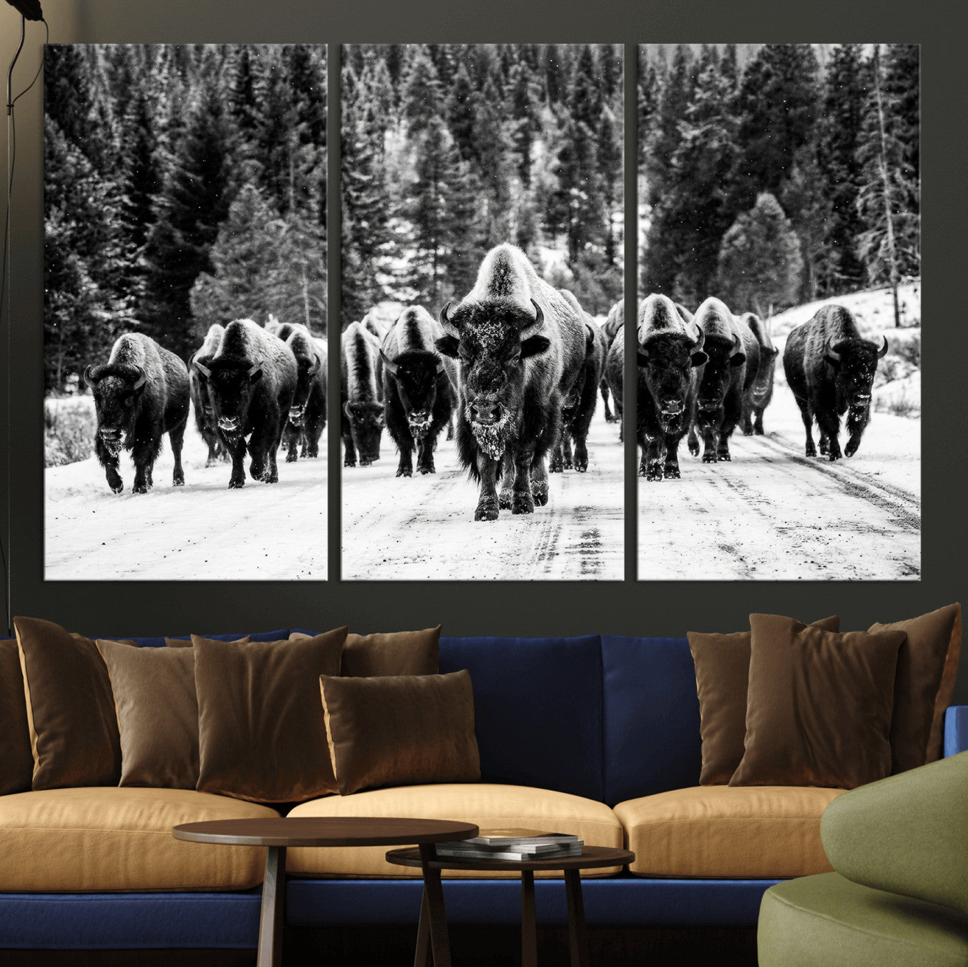 79337077-MGV-CV-36X24 - Black and White Bison Canvas Art, American Buffalo Print, Winter Wildlife Photography, Rustic Forest Wall Decor, Large Statement Nature Gift