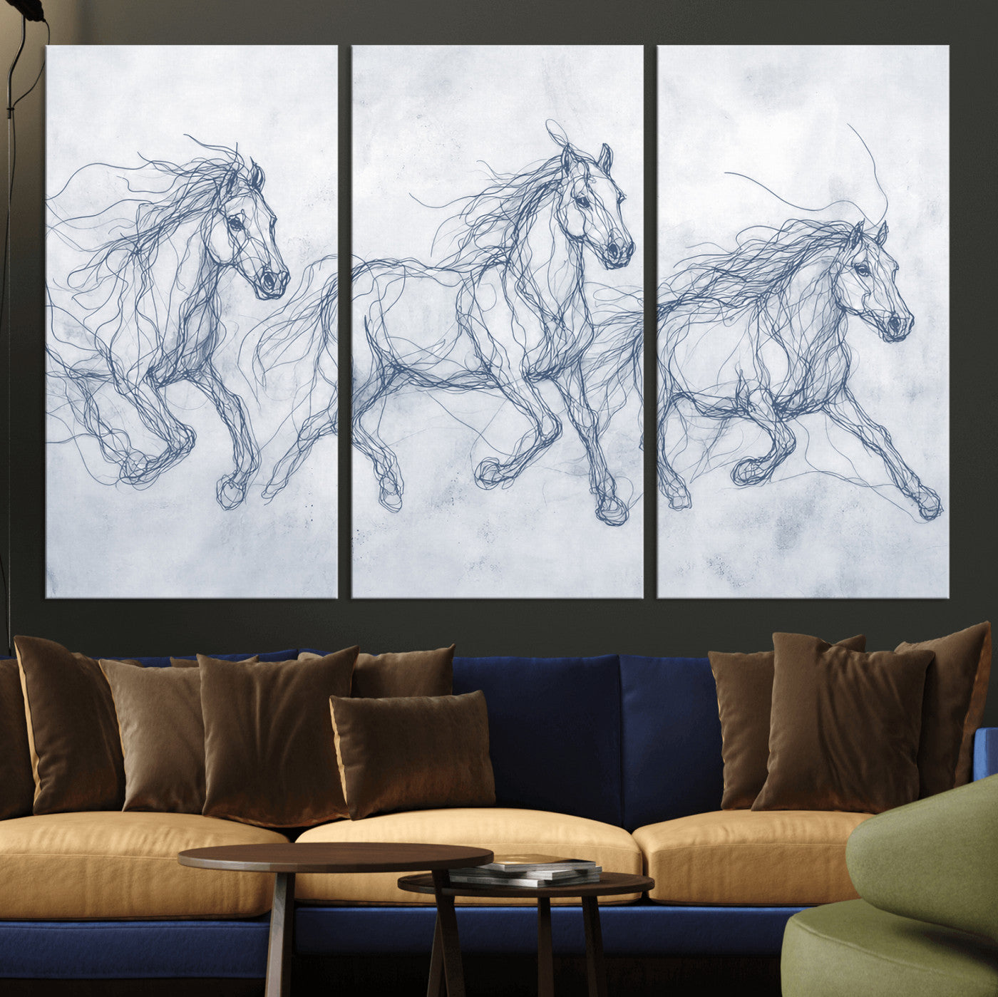 41163601-MGV-CV-36X24 - Indigo Blue Horse Line Art Canvas, Steel Grey Wild Horses Print, Abstract Navy Scribble Artwork, Modern Slate Equine Wall Decor, Coastal Ranch Gift