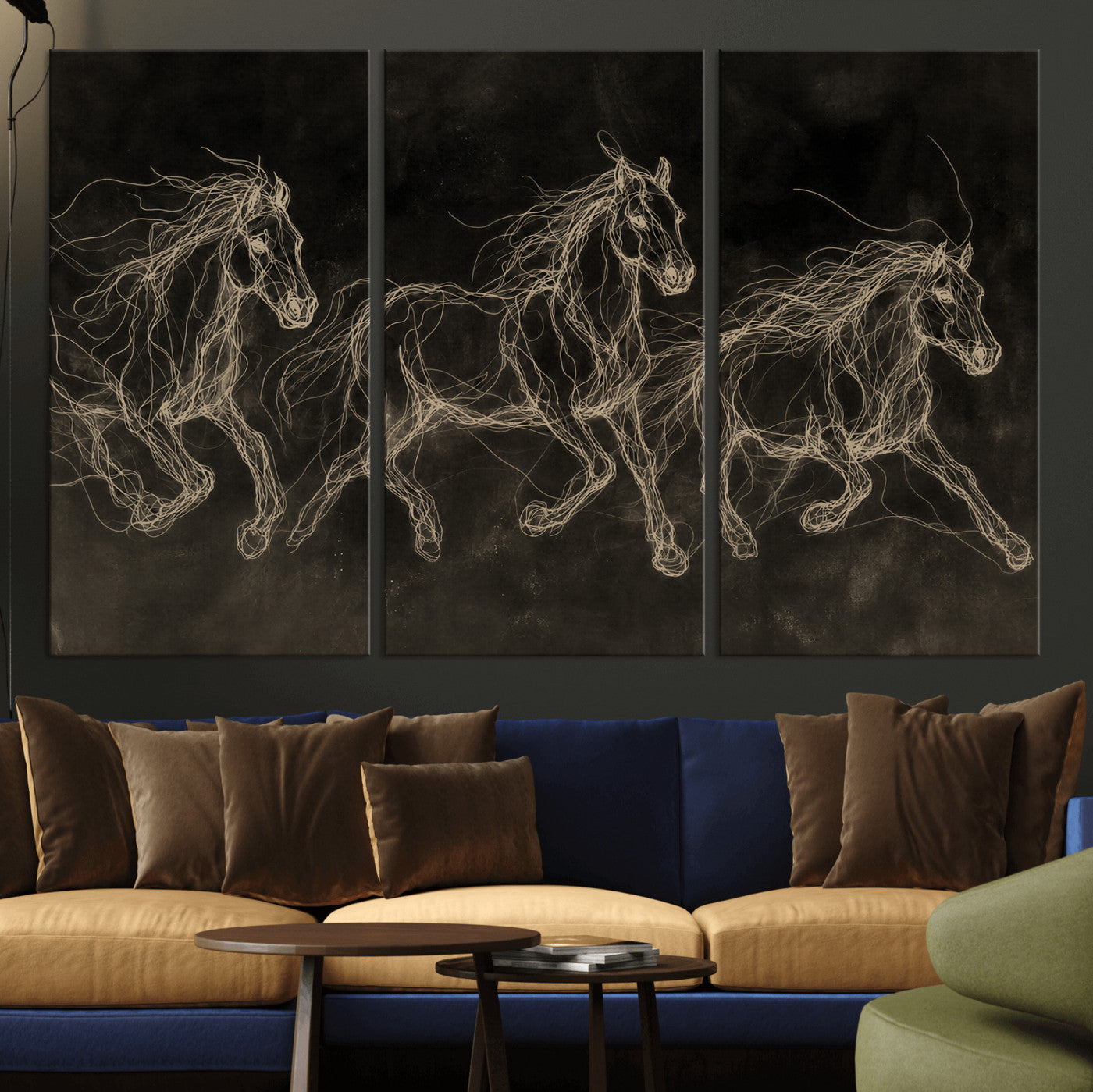 15344242-MGV-CV-36X24 - Dark Horse Line Art Canvas, Gold Scribble Wild Horses Print, Black Chalkboard Wall Art, Modern Luxury Equine Decor, Masculine Office Gift