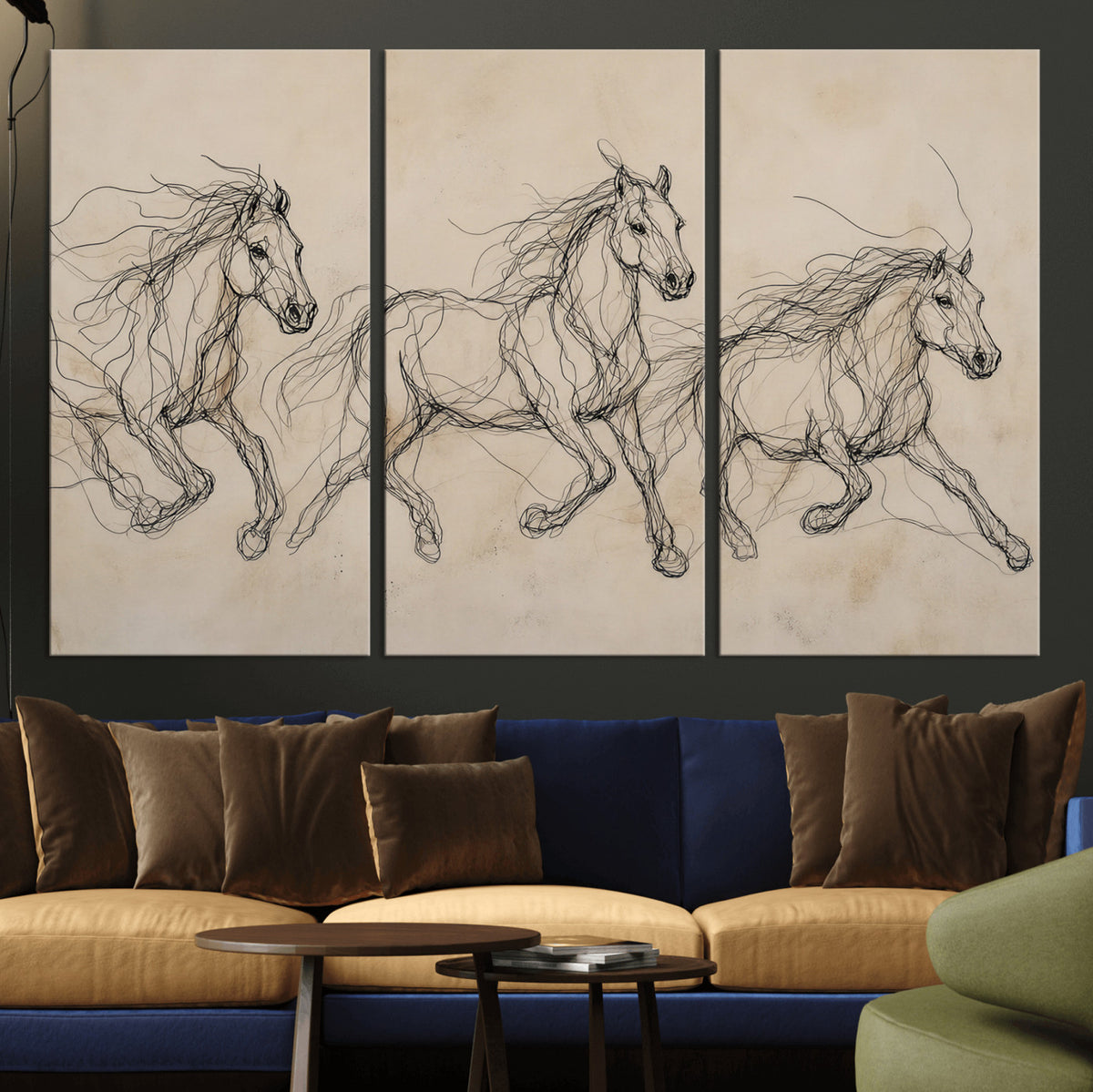 81051673-MGV-CV-36X24 - Abstract Horse Line Art Canvas, Gesture Sketch Wild Horses Print, Modern Scribble Artwork, Minimalist Equine Wall Decor, Rustic Studio Gift