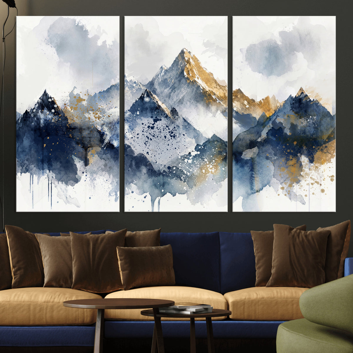 87460616-MGV-CV-36X24 - Abstract Mountain Canvas Wall Art, Blue Gold Foil Landscape Print, Modern Indigo Watercolor Poster, Large Abstract Nature, Luxury Office Gift