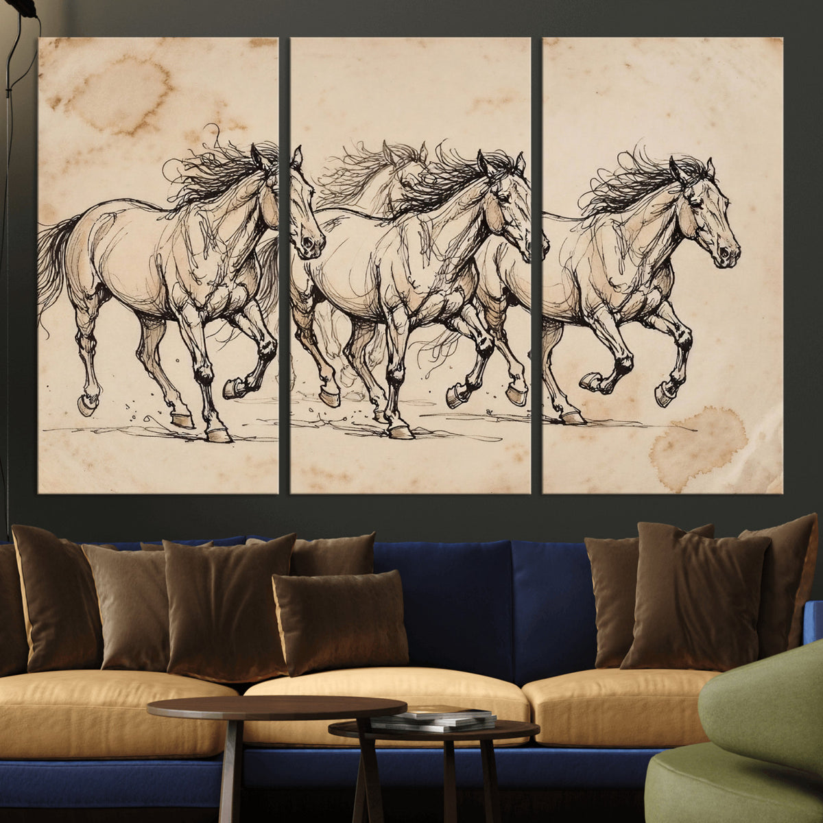 18242163-MGV-CV-36X24 - Vintage Horse Sketch Canvas Wall Art, Wild Horses Pencil Drawing Print, Antique Parchment Western Decor, Equine Sketching, Country Manor Gift