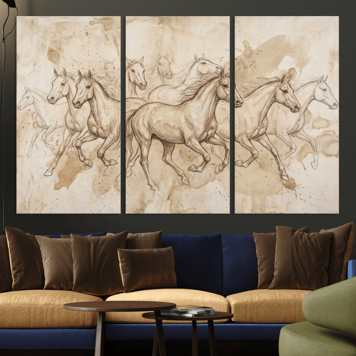 52233469-MGV-CV-36X24 - Vintage Horse Sketch Canvas Wall Art, Wild Horses Pencil Drawing Print, Antique Parchment Western Decor, Equine Sketching, Country Manor Gift