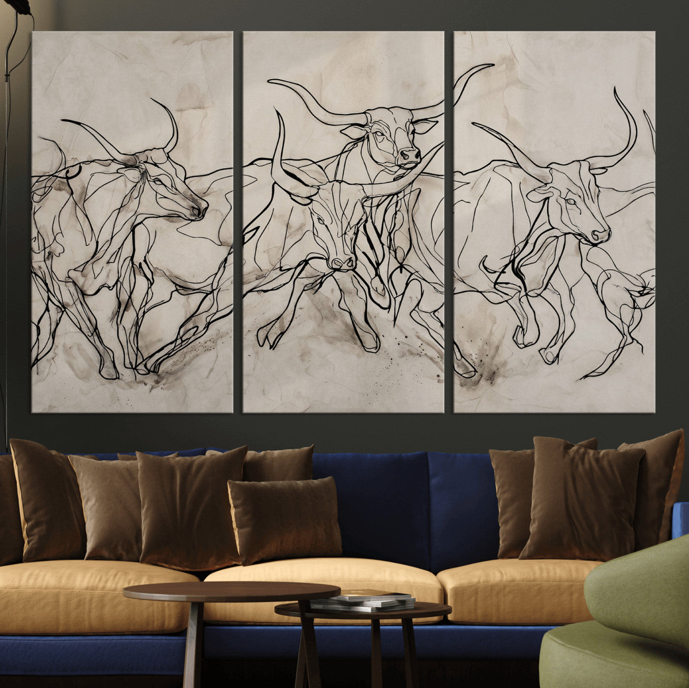 16671245-MGV-CV-36X24 - Minimalist Longhorn Line Art, Modern Texas Bull Canvas Print, Abstract Western Wall Decor, Continuous Line Artwork, Black White Ranch Gift