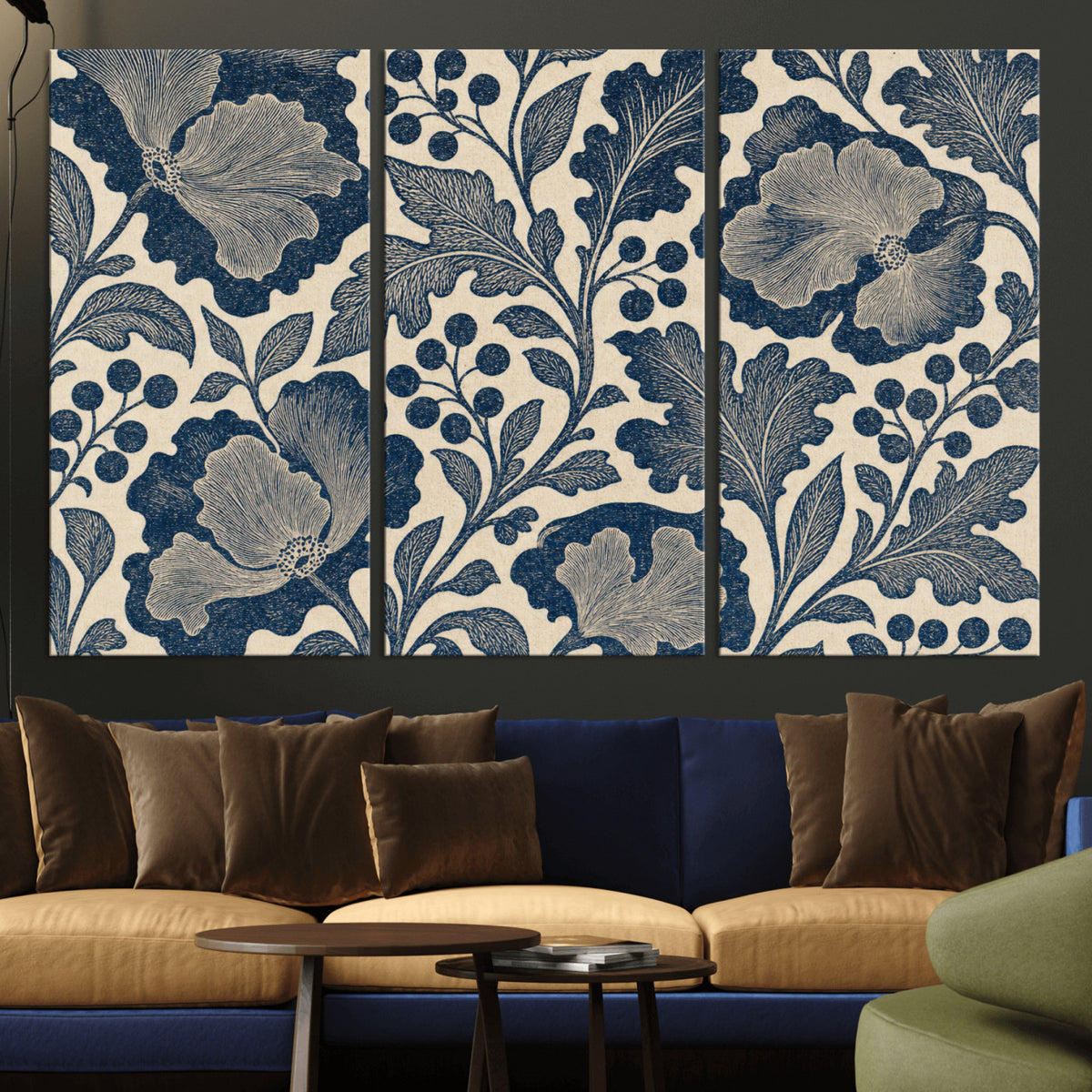 23824002-MGV-CV-36X24 - William Morris Style Navy Blue Floral Wall Art Canvas Print, Vintage Cream Botanical Painting Print