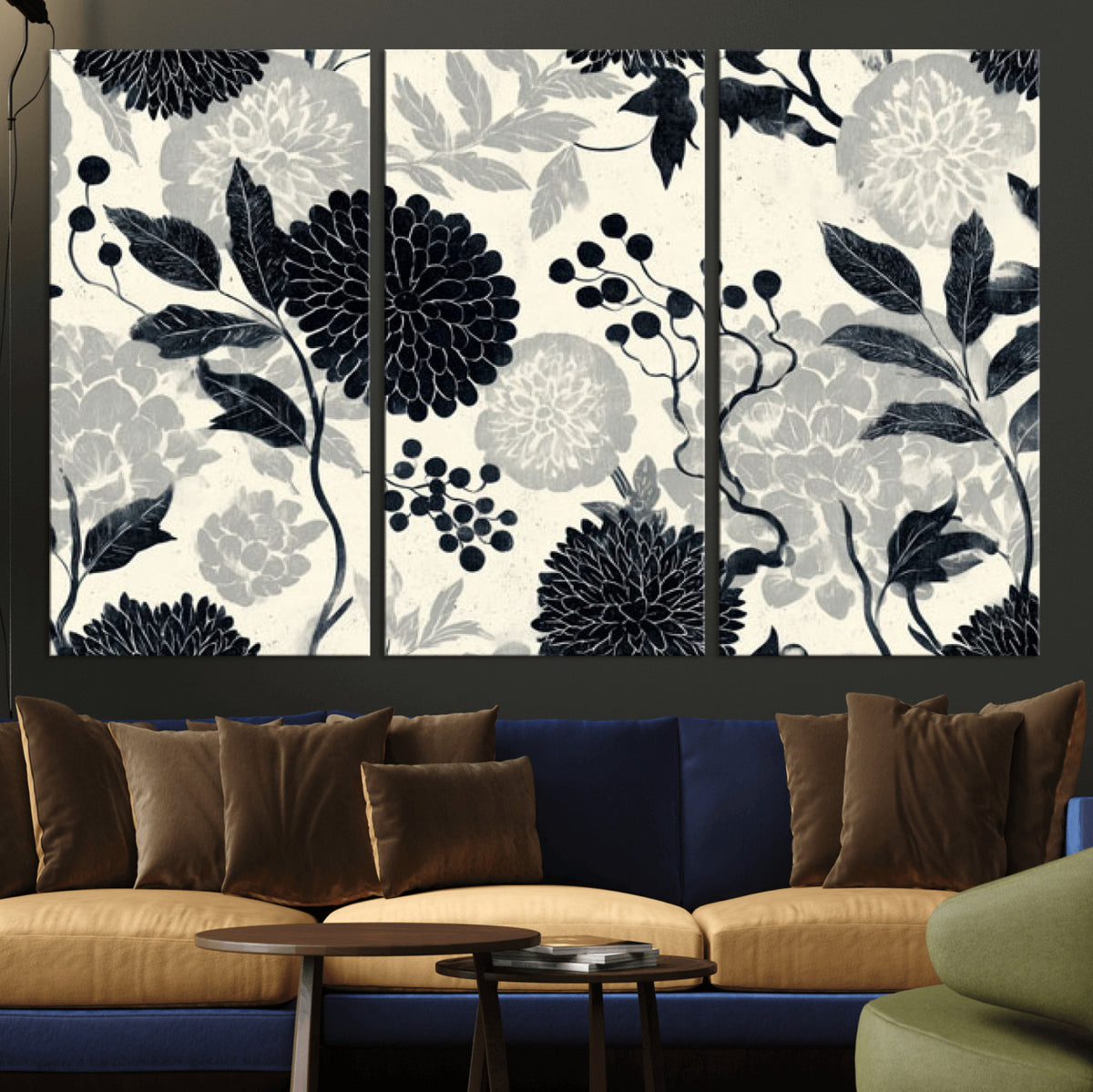 61524791-MGV-CV-36X24 - Vintage Black Chrysanthemum Wall Art Canvas Print, Monochrome Dhalia Floral Painting Print