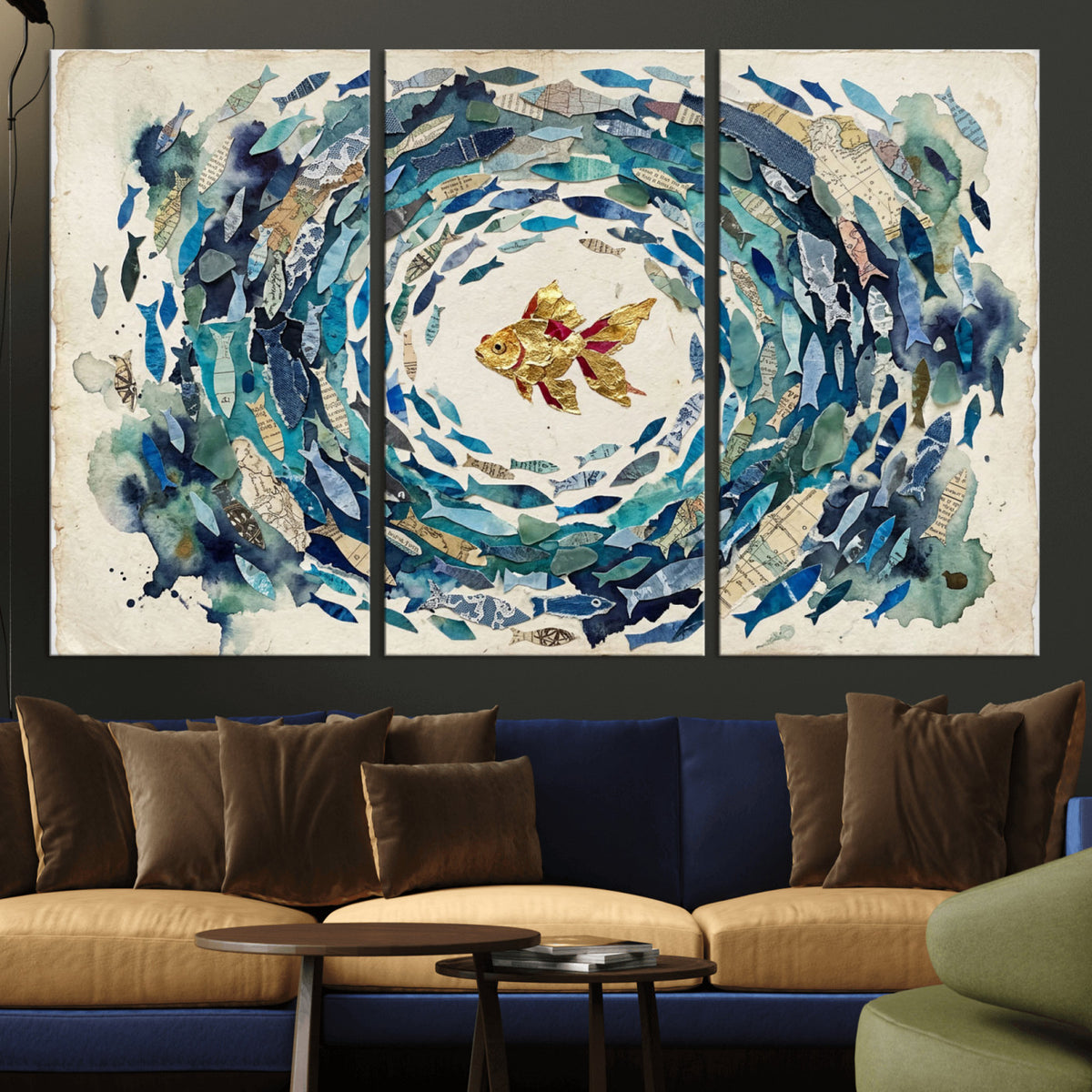 73165663-MGV-CV-36X24 - Mixed Media Blue Fish Swirl Canvas Wall Art, Goldfish Collage Ocean Print