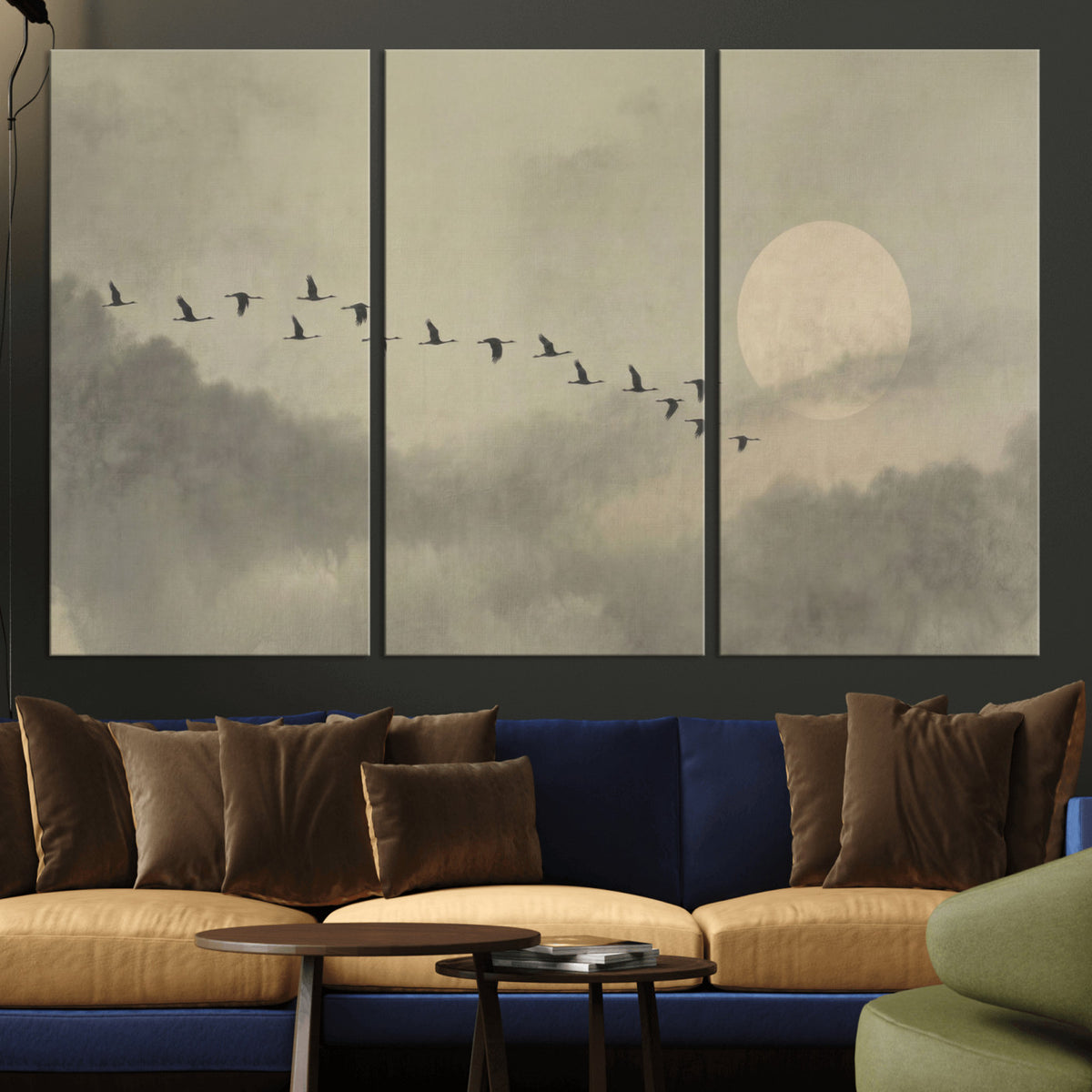 1209814B-MGV-CV-36X24 - Flying Cranes Canvas Wall Art, Misty Landscape with Moon, Sage Green Japandi Decor, Framed Print