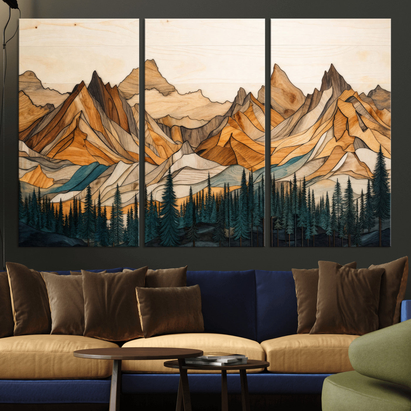 57384313-MGV-CV-48X32-3P - Mountain Landscape Canvas Wall Art with Wood Grain Effect, Golden Peaks and Teal Pine Forest, Framed Cabin Decor