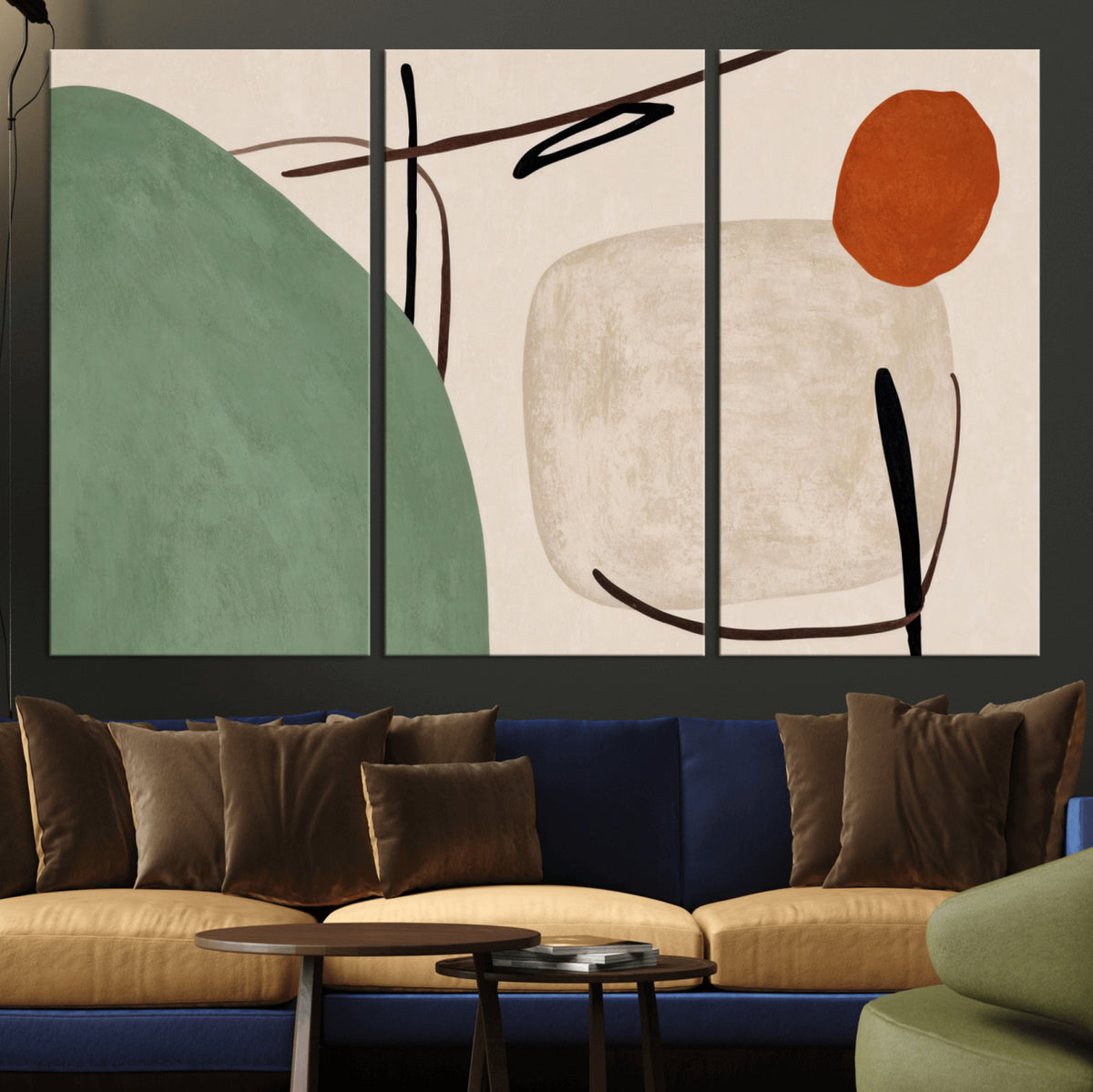 46798824-MGV-CV-48X32-3P - Mid Century Modern Geometric Canvas Wall Art, Abstract Triptych Print