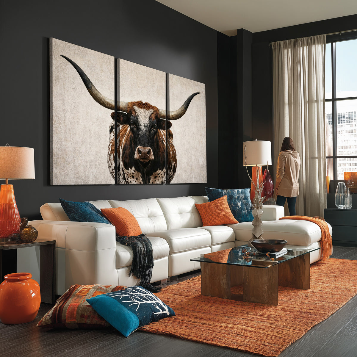 58622065-MGV-CV-36X24 - Texas Longhorn Canvas Wall Art Western Bull Desert Moody Grey Overcast Rustic Farmhouse Framed Large for Living Room Bedroom Office Decor