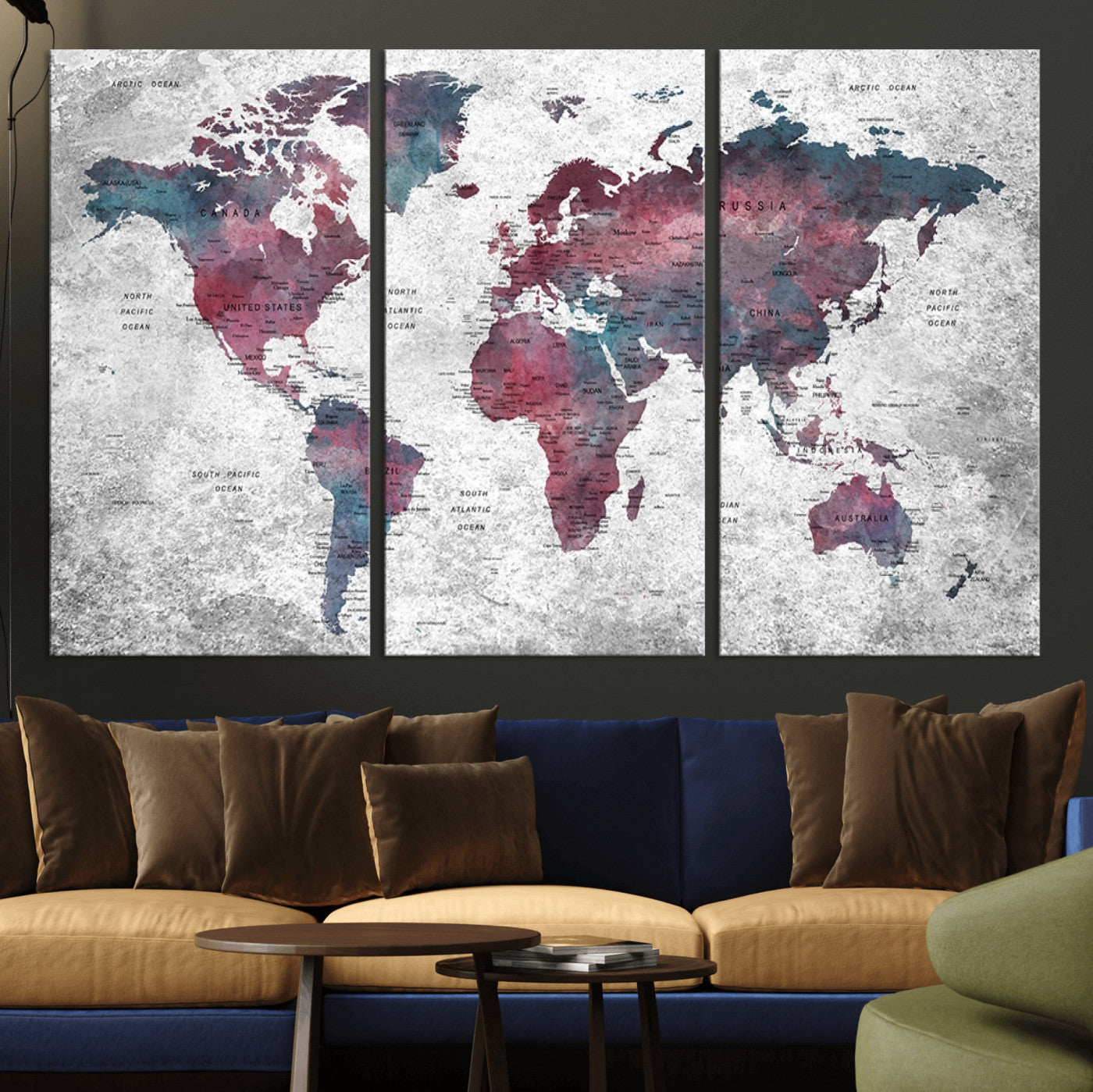 -Modern Red and Gray World Map Canvas Print – Framed Push Pin Wall Art for Couples, Contemporary Travel Map Artwork for Home and Office Decor